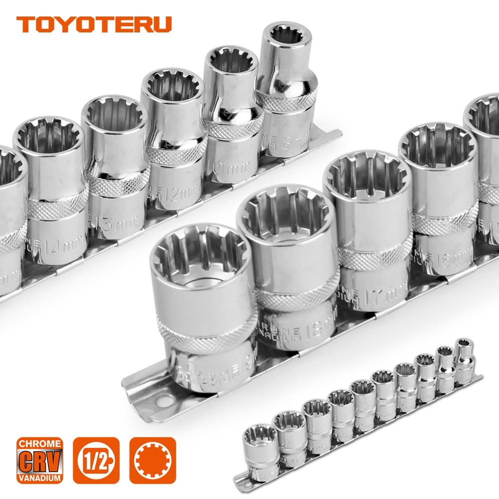 1/2" Drive Metric Spline Socket Set, 10 Piece Size: 8-10-12-13-14-15-16-17-18-19mm