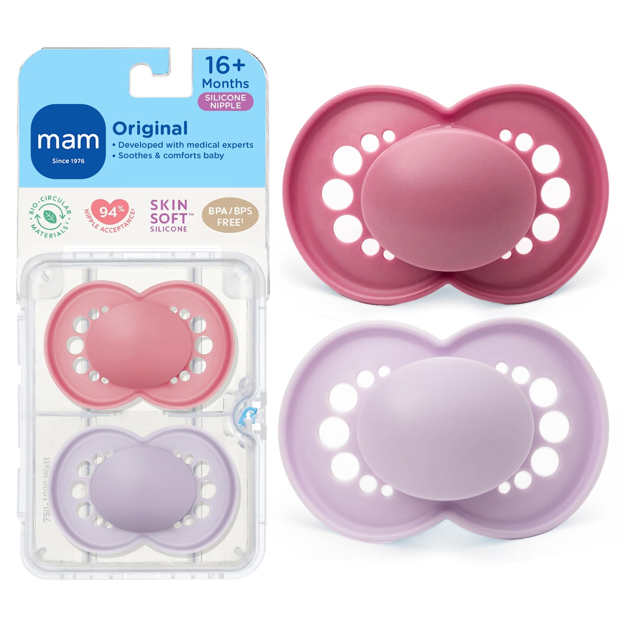 MAM Original Matte Pacifier (2 Pack, 1 Sterilizing Pacifier Case), Pacifiers 16 Plus Months, Baby Girl Pacifier, Best Pacifiers for Breastfed Babies, Sterilizing Storage Case