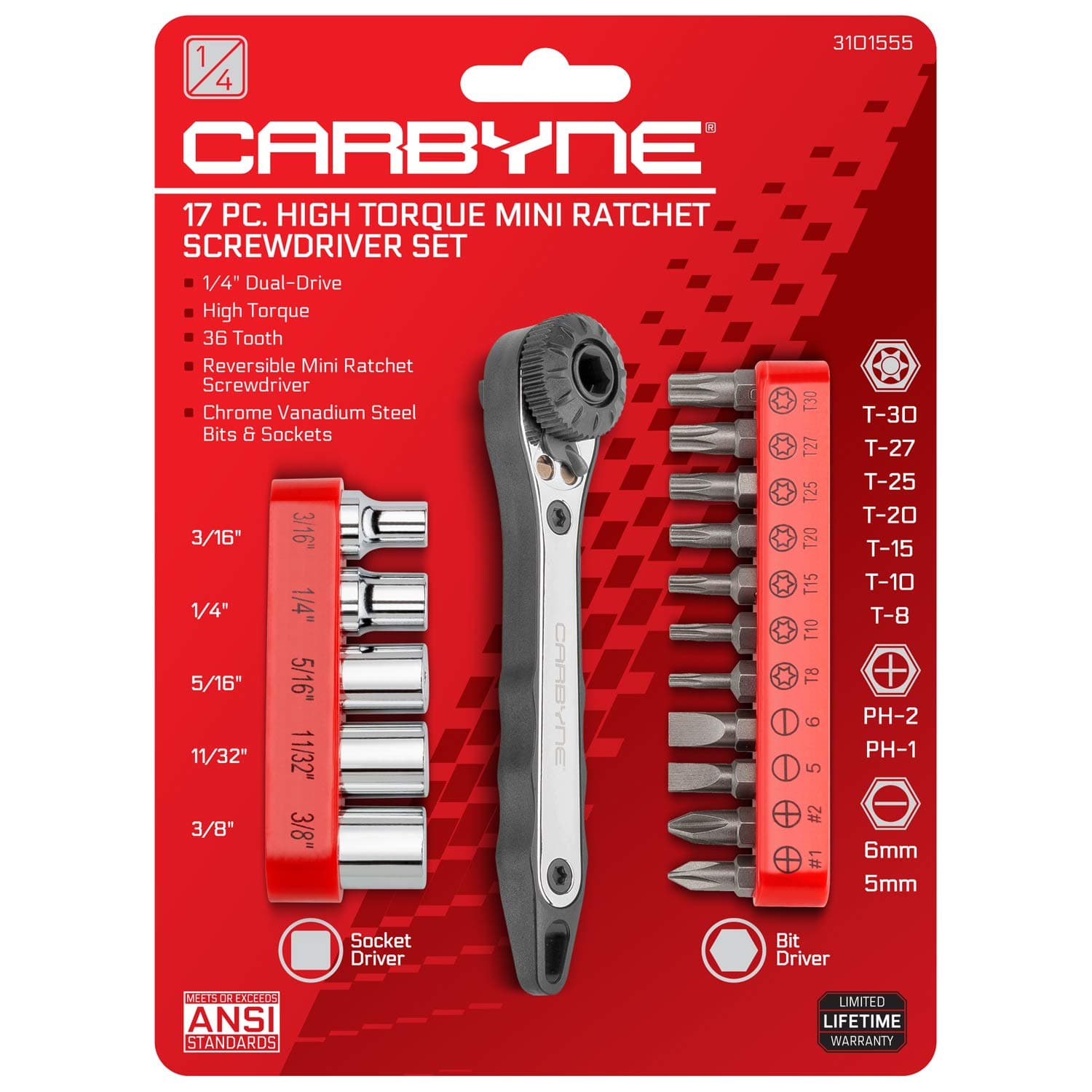 Carbyne 17 Piece Right Angle Offset Mini Ratchet Wrench Screwdriver, 1/4 Inch Dual-Drive Head | Bit Set & Sockets • From a Family-Run Tool Company Based in the U.S.A.