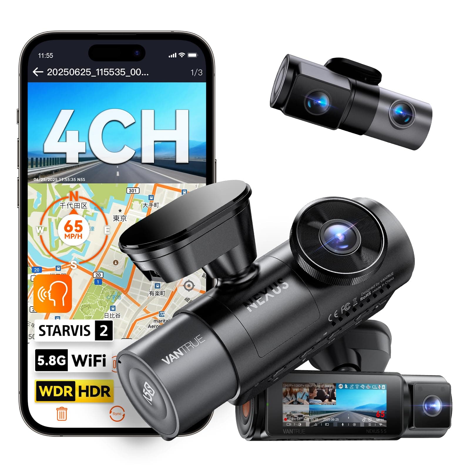 VANTRUE N5S 4 Camera Dash Cam (Equipped with STARVIS 2 Both Front and Rear 4 Cameras, Enhanced Night Vision Performance), 360° Drive Recorder, Front/Left/Right/Car Recording, 360° All Around, 24-Hour Parking Surveillance, 2.7K + 1080P + 2.5K, 5.8G WiFi Function, Continuous Recording G-sensor Emergency Recording, GPS, HDR, WDR, Japanese Voice Control, LED Signal/Interference Prevention, Supports 1TB Card (Sold Separately)