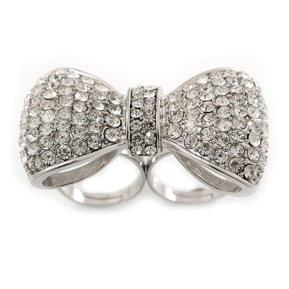 Large Clear Austrian Crystal Pave Set 'Bow' Two Finger Ring In Rhodium Plating - 50mm Across - Adjustable