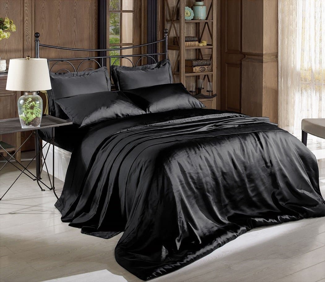 Hight Thread Count Solid Color Soft Silky Charmeuse Satin Luxury and Super Soft Bed Sheet Set (Black, Queen)