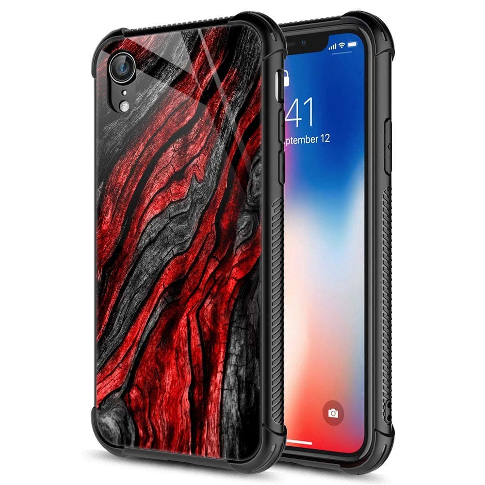 CARLOCA Compatible with iPhone XR Case,for iPhone XR Cases for Men Boys, Black Red Wood Grain Pattern Design Shockproof Anti-Scratch Case