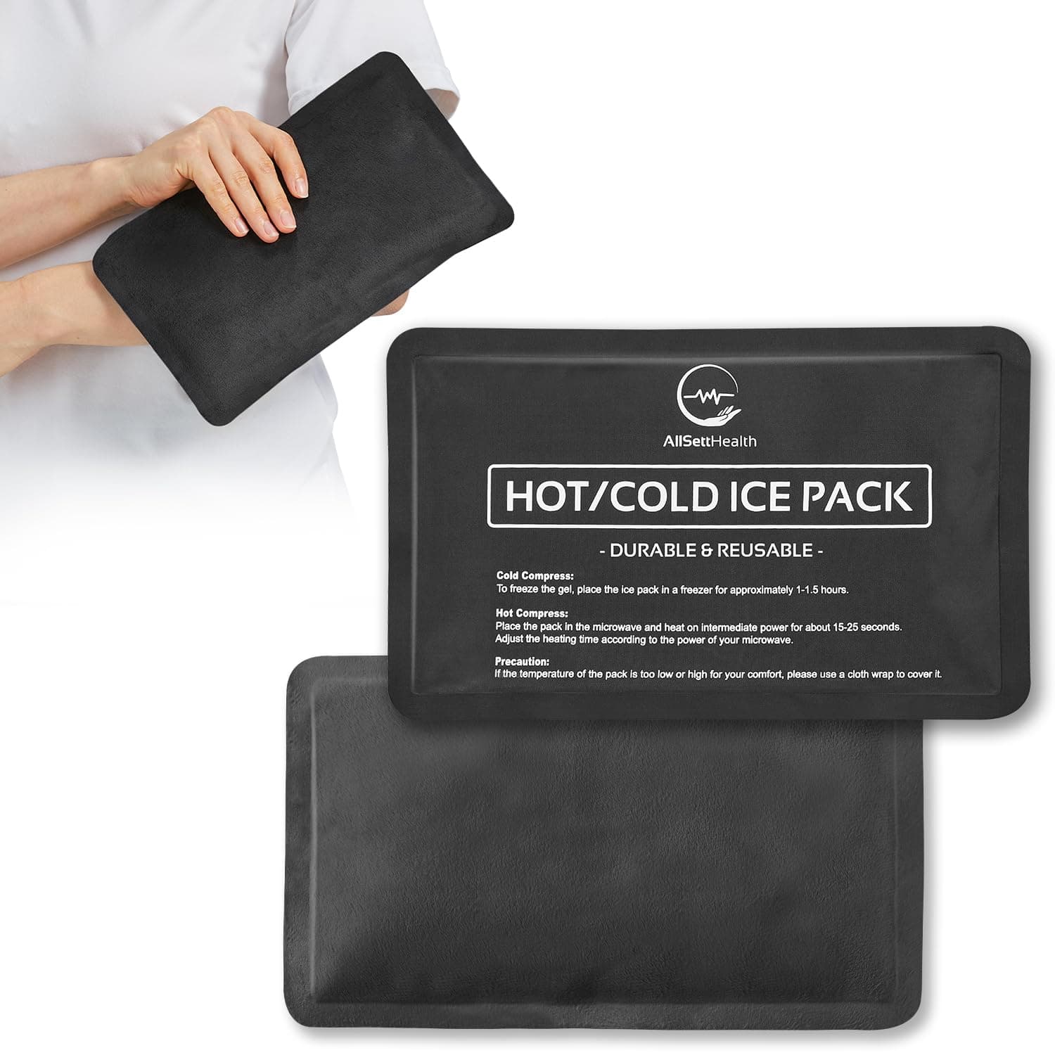 2 Pack Reusable Ice Packs for Injuries - Soft Ice Pack with Velvet Soft Fleece Fabric | Flexible Hot and Cold Gel Ice Pack Set- Cold Packs for Injuries, Knee, Back, Neck Pain - 10 x 6, Black
