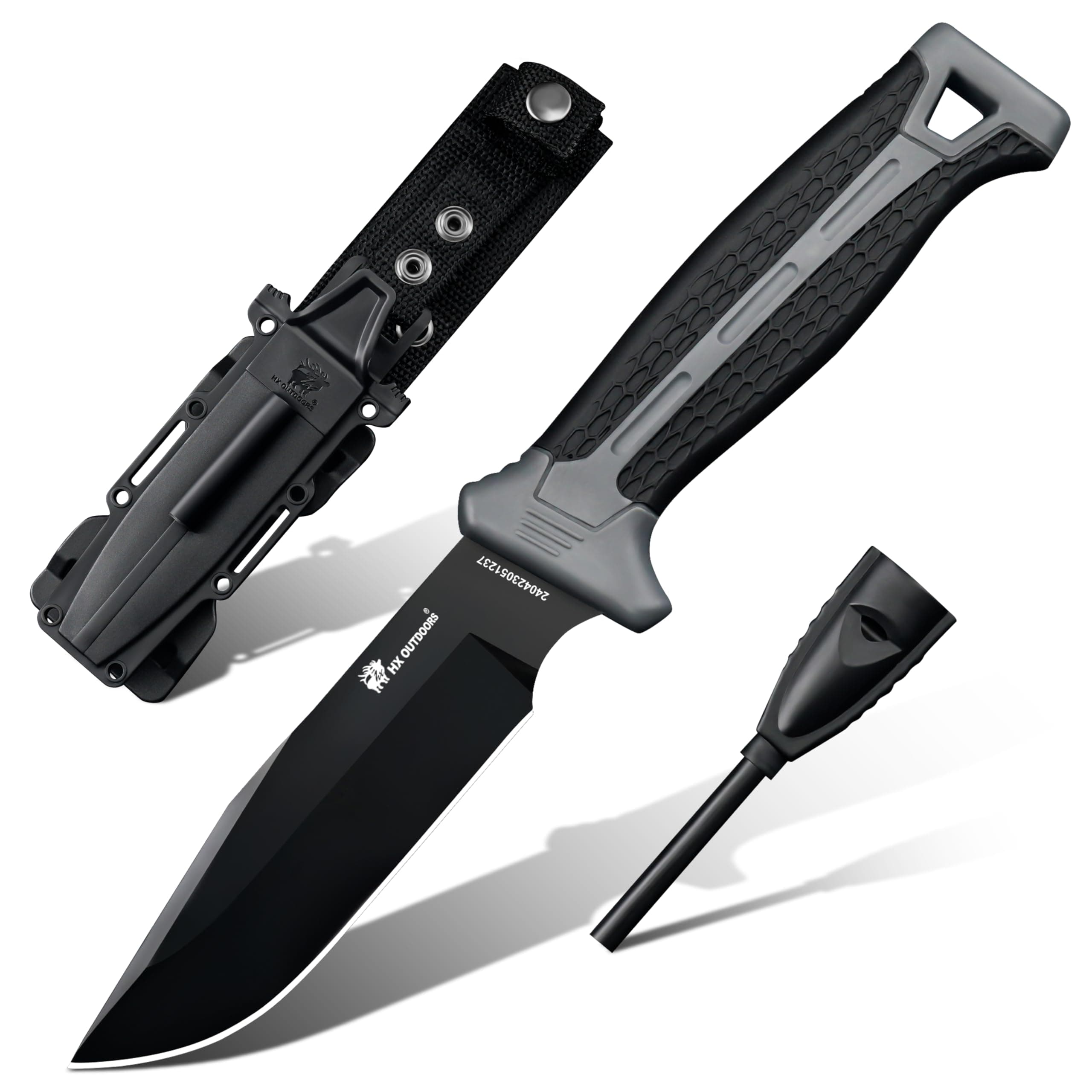 HX OUTDOORS Extra Sharp Bushcraft Knife with Fire Starter, Premium D2 Steel Fixed Blade Survival Camping Knife with Ferro Rod Plastic Sheath for Outdoor, Hiking, Backpacking (Black)