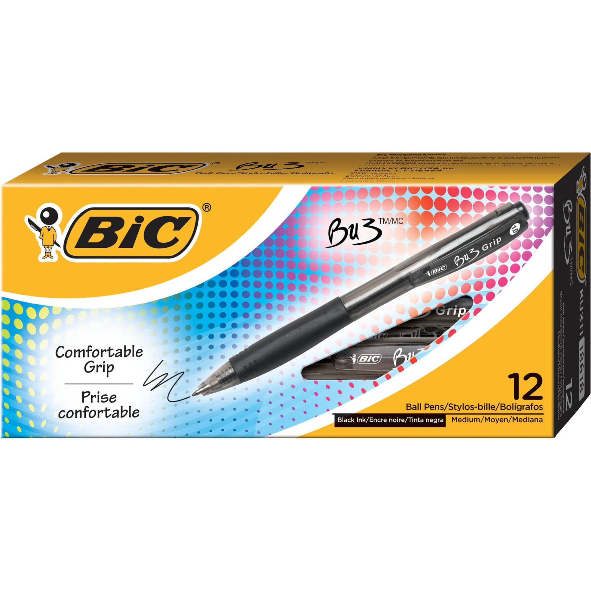 BU3 Grip Retractable Ballpoint Pen, Medium Point (1.0mm), Black, Black Ballpoint Pens for School and Office, 12-Count