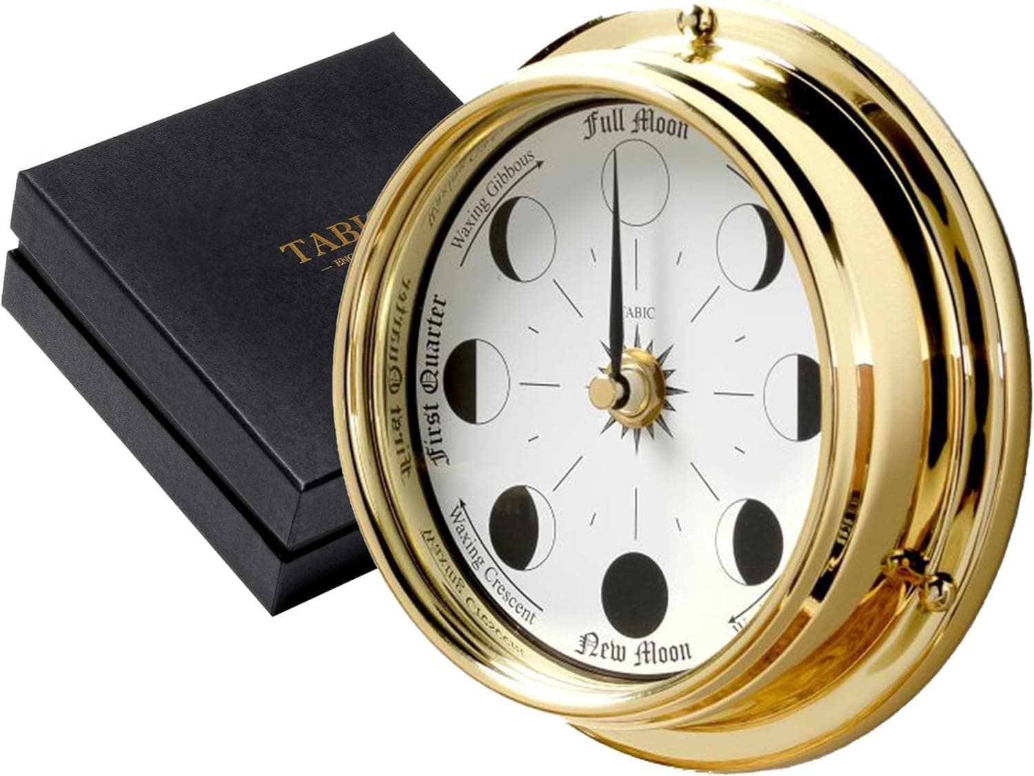 Tabic Traditional Northern Hemisphere Solid Brass Moon Phase Clock - Handcrafted in England, Heavy Brass Case (1/2kg), 6x2 Inches - Elegant Celestial Elegance and Lunar Phase Accuracy