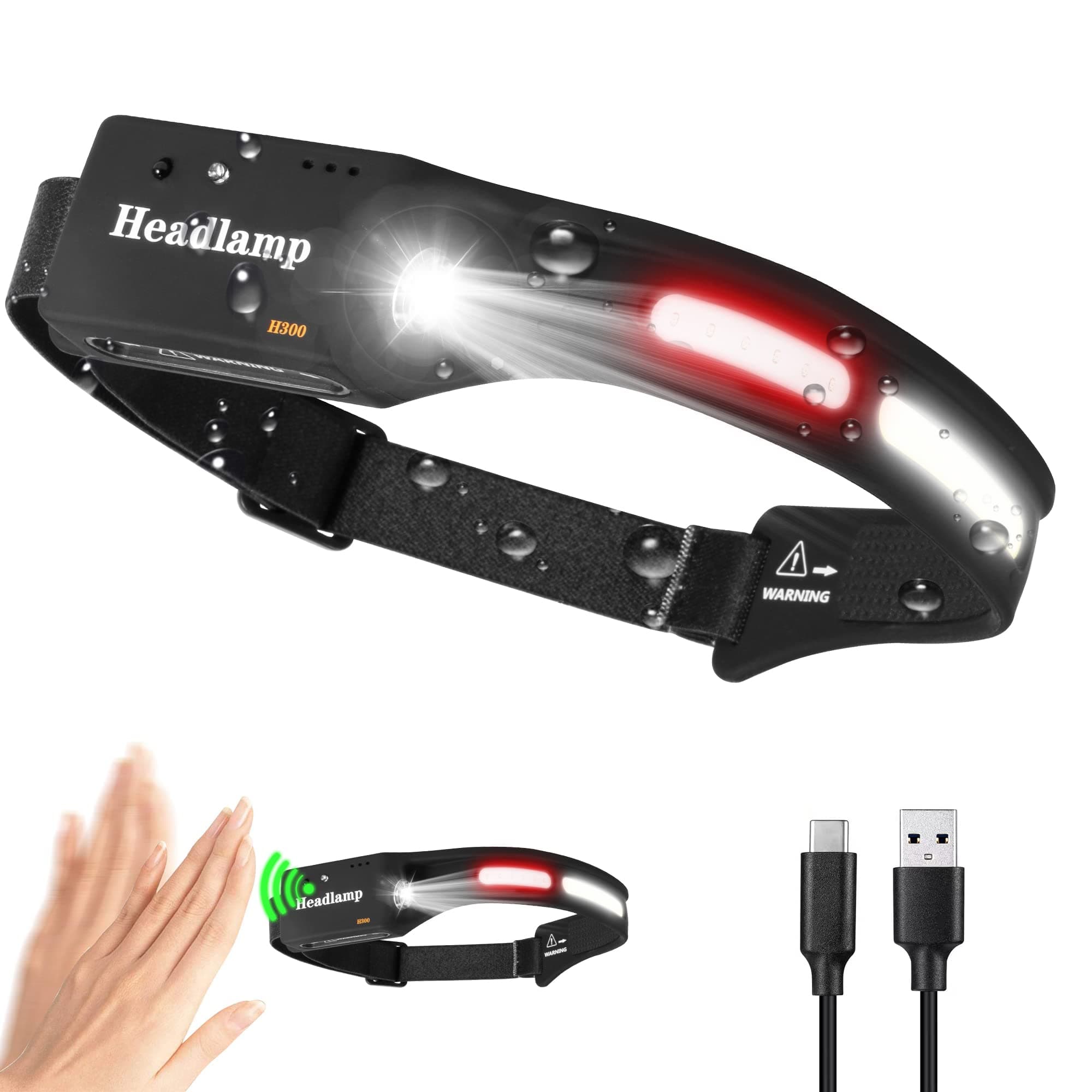 Headlamp, BA-BOLING Running Motion Sensor Headlamp Pro Flashlight, Led Rechargeable Lightbar Headlamp Pro 230 Led 500 Lumens, Strip Cob Head Lamp Headight Bar Broadbeam Lightband Pro White H300