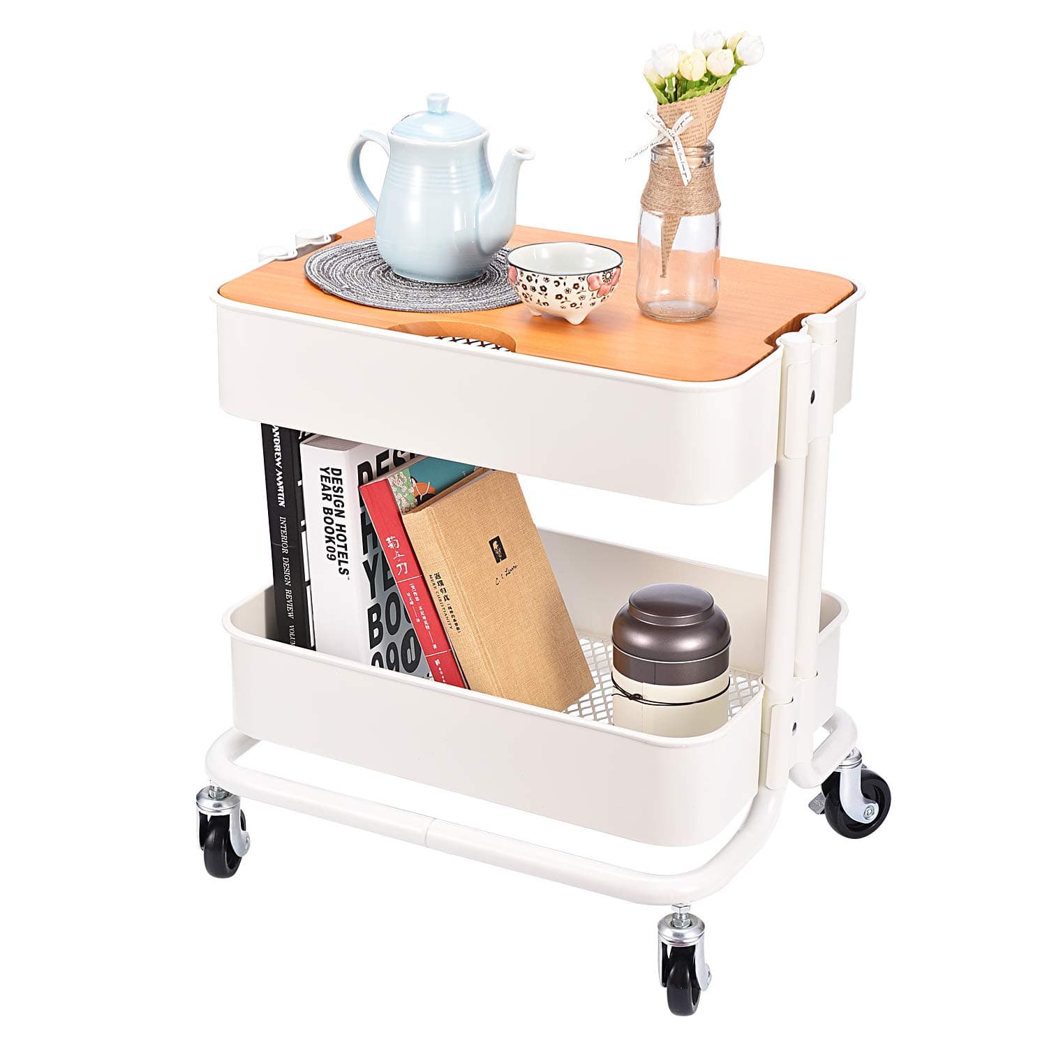Melody House 2-Tier Metal Utility Rolling Cart Storage Side End Table with Cover Board for Office Home Kitchen Organization, Cream White