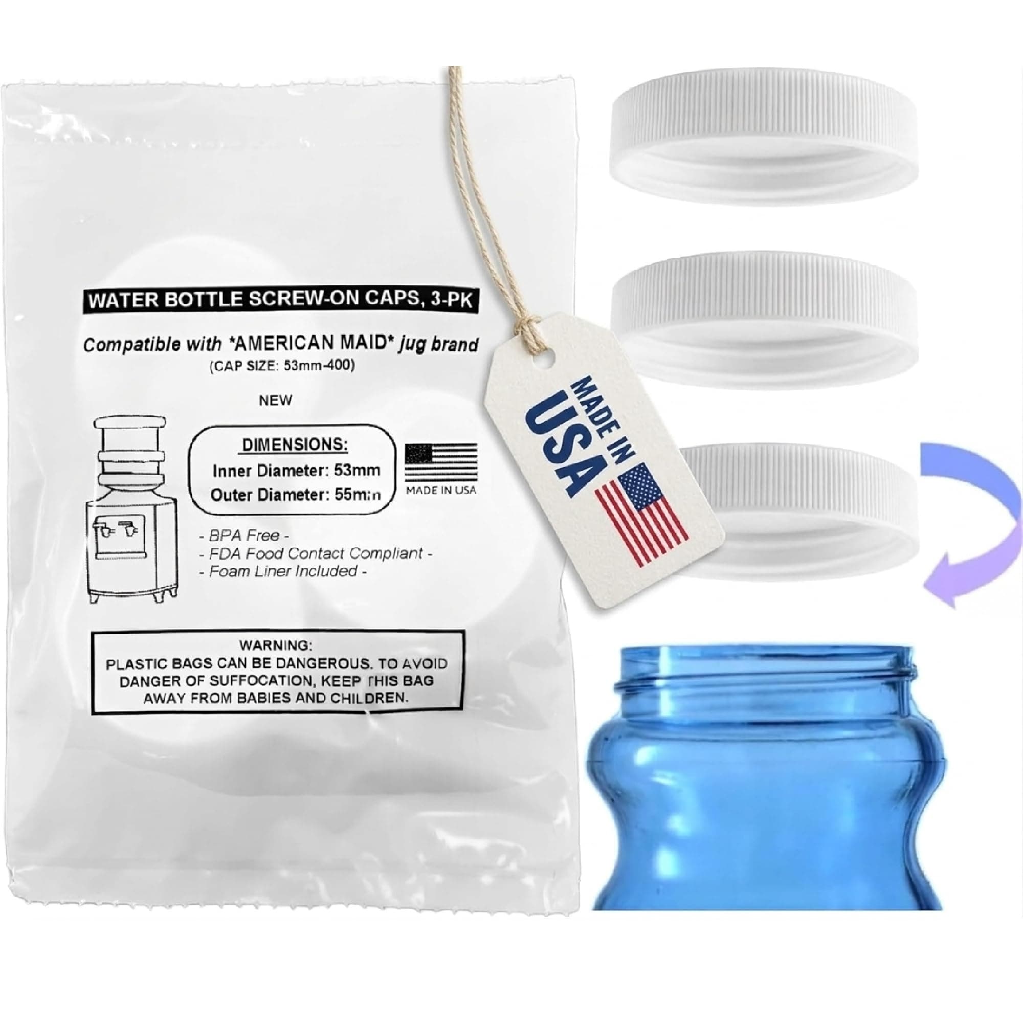 Threaded/Screw-On Caps for 3 and 5 Gallon Water Bottle Jugs (3 pk) (53mm, White)