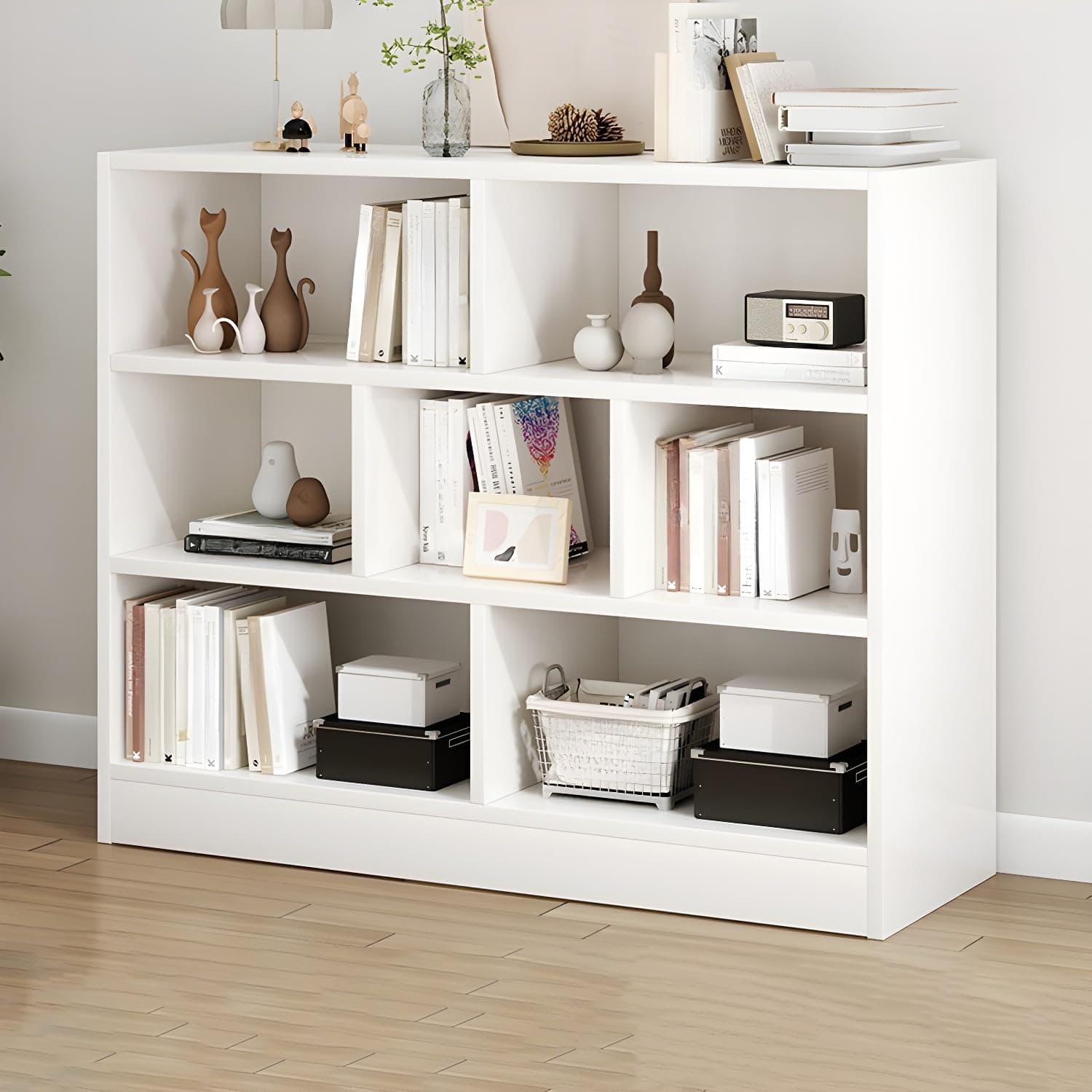 LITFAD Wood Modern Cube Bookcase with Closed Back and Multiple Shelves Floor Storage Cabinet for Home Office Study Room Library - White 31.5" L x 9.1" W x 39.4" H