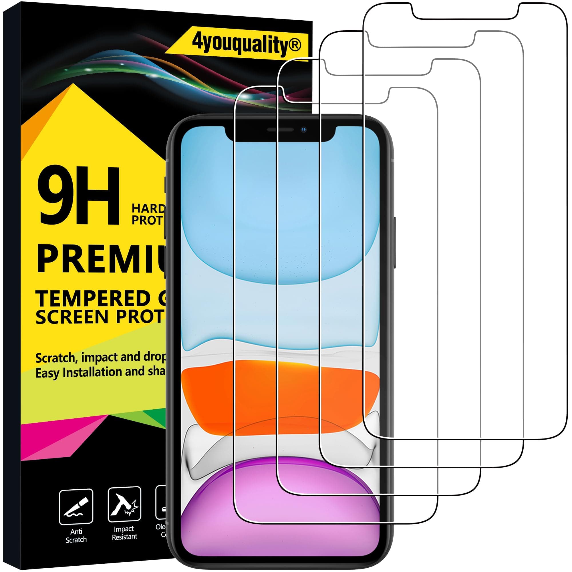 4youquality [4-Pack Screen Protector for iPhone 11 and iPhone XR 6.1-Inch, Tempered Glass Film, [LifetimeSupport][Anti-Scratch][Anti-Shatter]