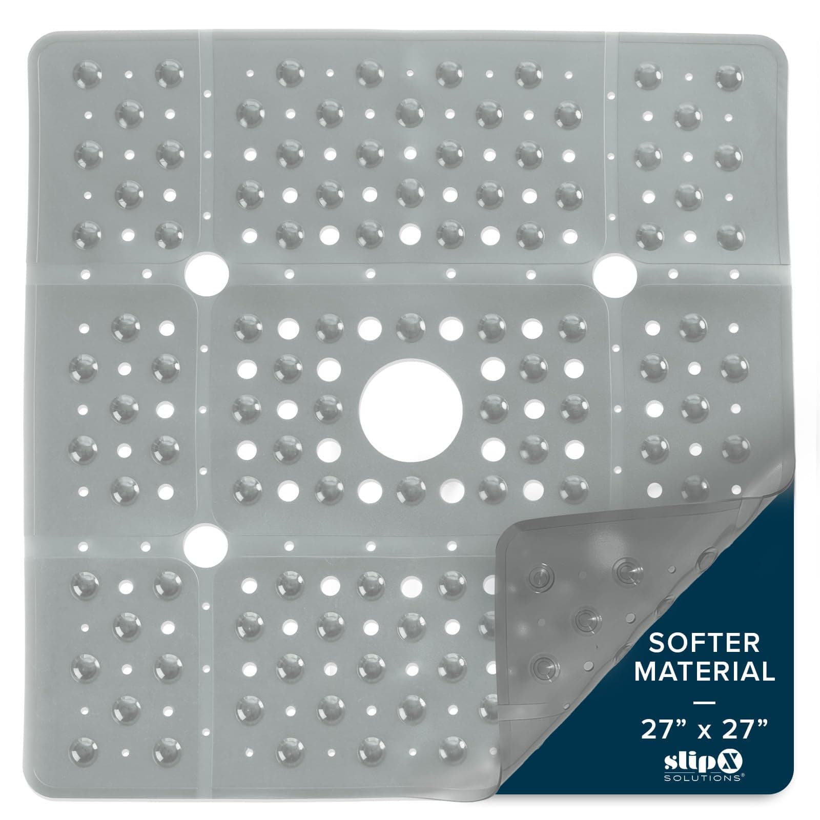 SlipX Solutions 27" Oversize Square Shower Mat, Non-Slip Mat for Elderly & Kids, 100+ Power Grip Suction Cups for Smooth Surfaces, Machine Washable, Translucent Gray
