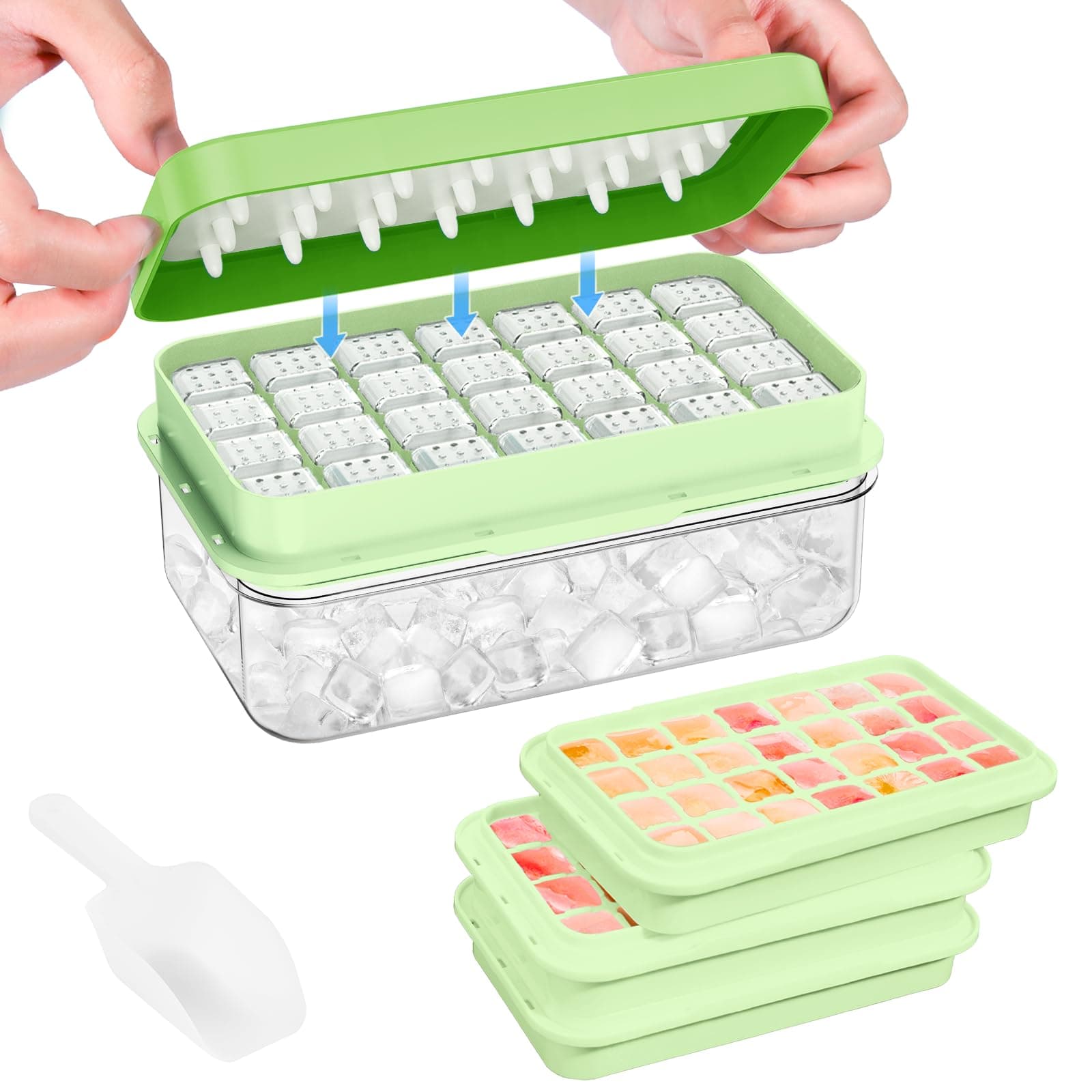 PHINOX Ice Cube Tray with Lid and Bin, 3 Pack Plastic Ice Cube Tray Molds, 84 pcs Ice Trays for freezer, Chilling Drinks, Whiskey & Cocktails, with Ice Container and Ice Scoop, BPA-Free