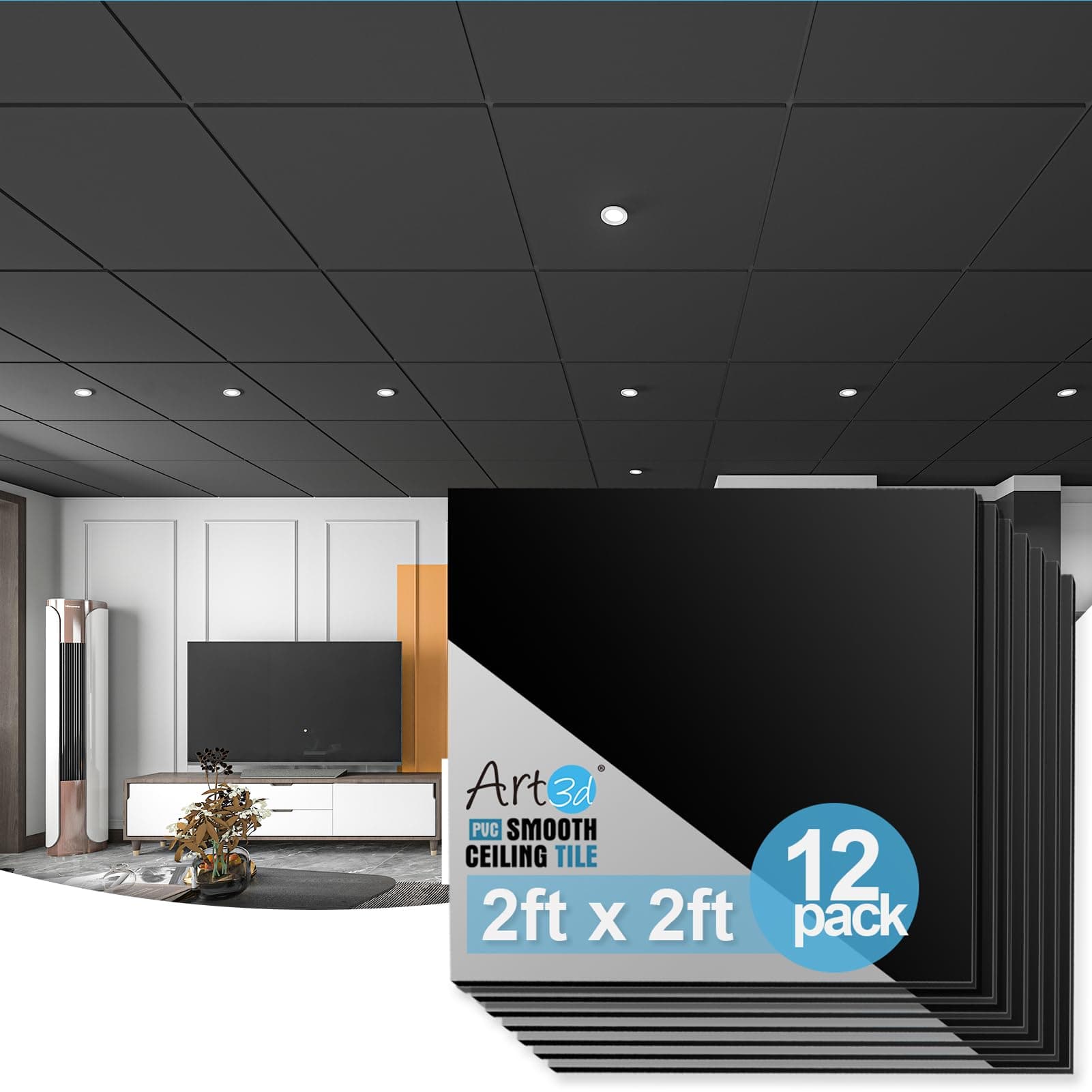 Art3d 12-Pack Smooth 3D Decorative Suspended Drop Ceiling Tiles 2ft x 2ft in Black, PVC Ceiling Panels 24 x 24in.