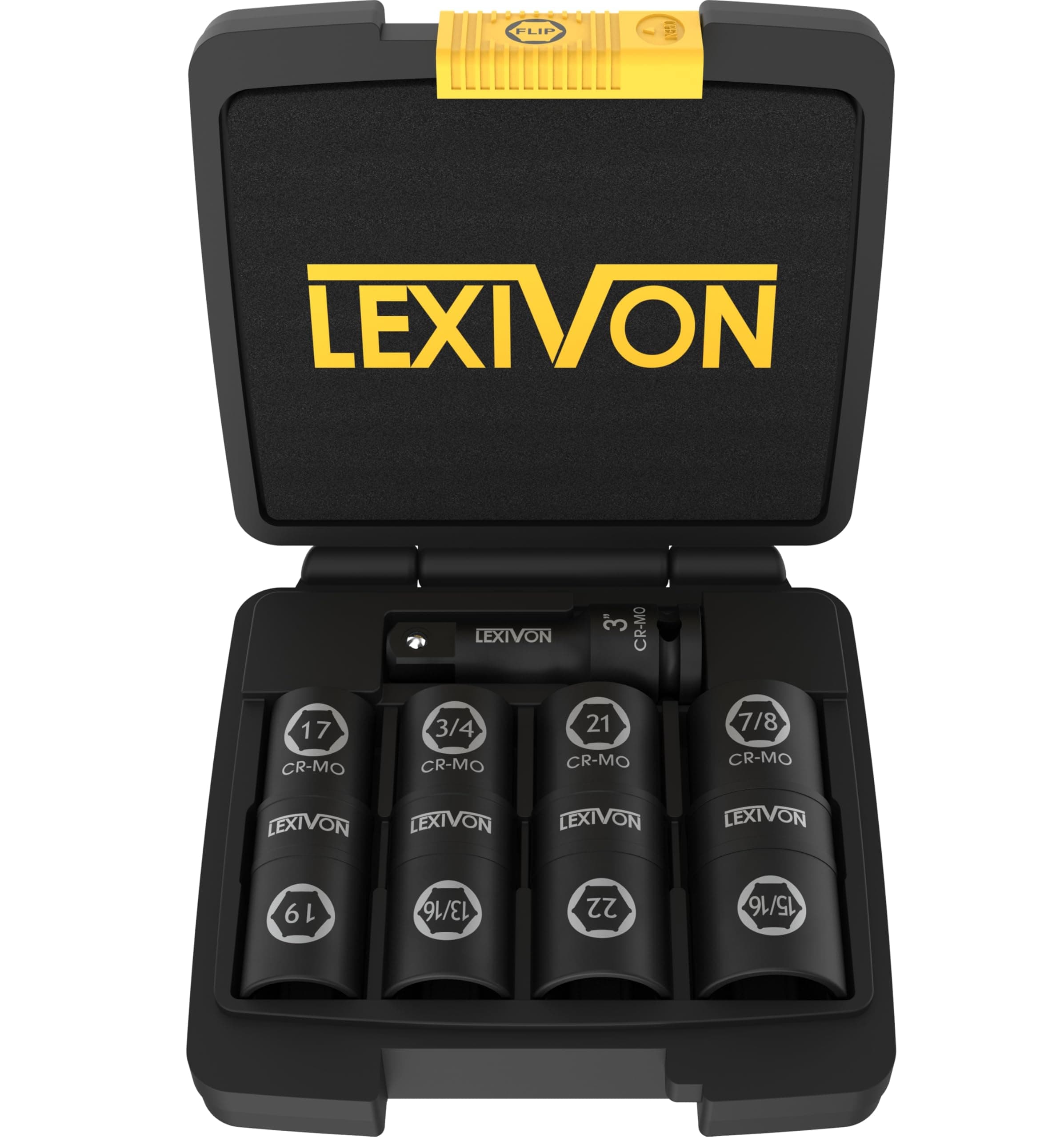 LEXIVON Lug Nut Impact Socket Set, 1/2-Inch Drive | Innovative 8-in-4 Flip Socket Design, Covers Most Commonly Used Inch & Metric Wheel Nuts | Cr-Mo Steel = Full Impact Grade (LX-110)