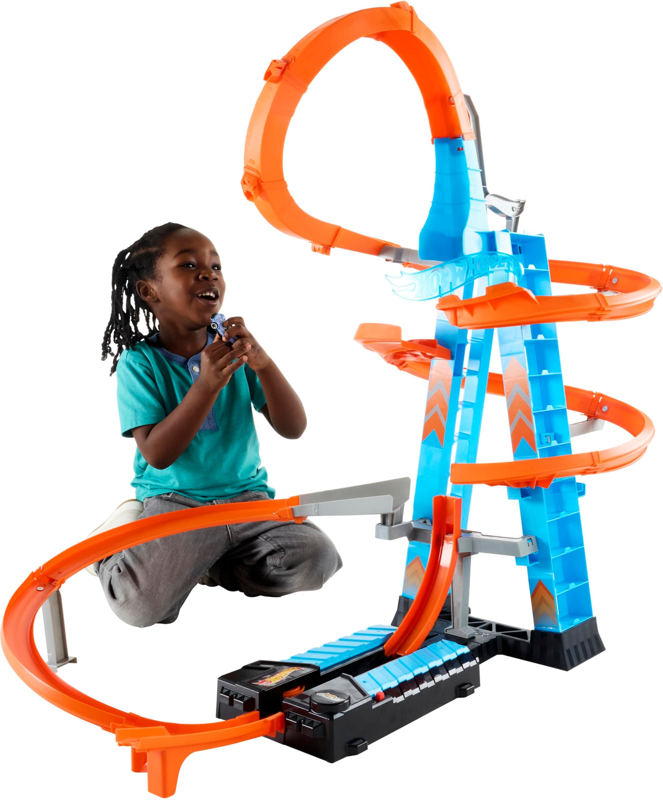 Sky Crash Tower Track Set, 2.5+ ft / 83 cm High with Motorized Booster, Orange Track & 1 Vehicle, Race Multiple Cars, Gift for Kids 5 to 10 Years Old & Up