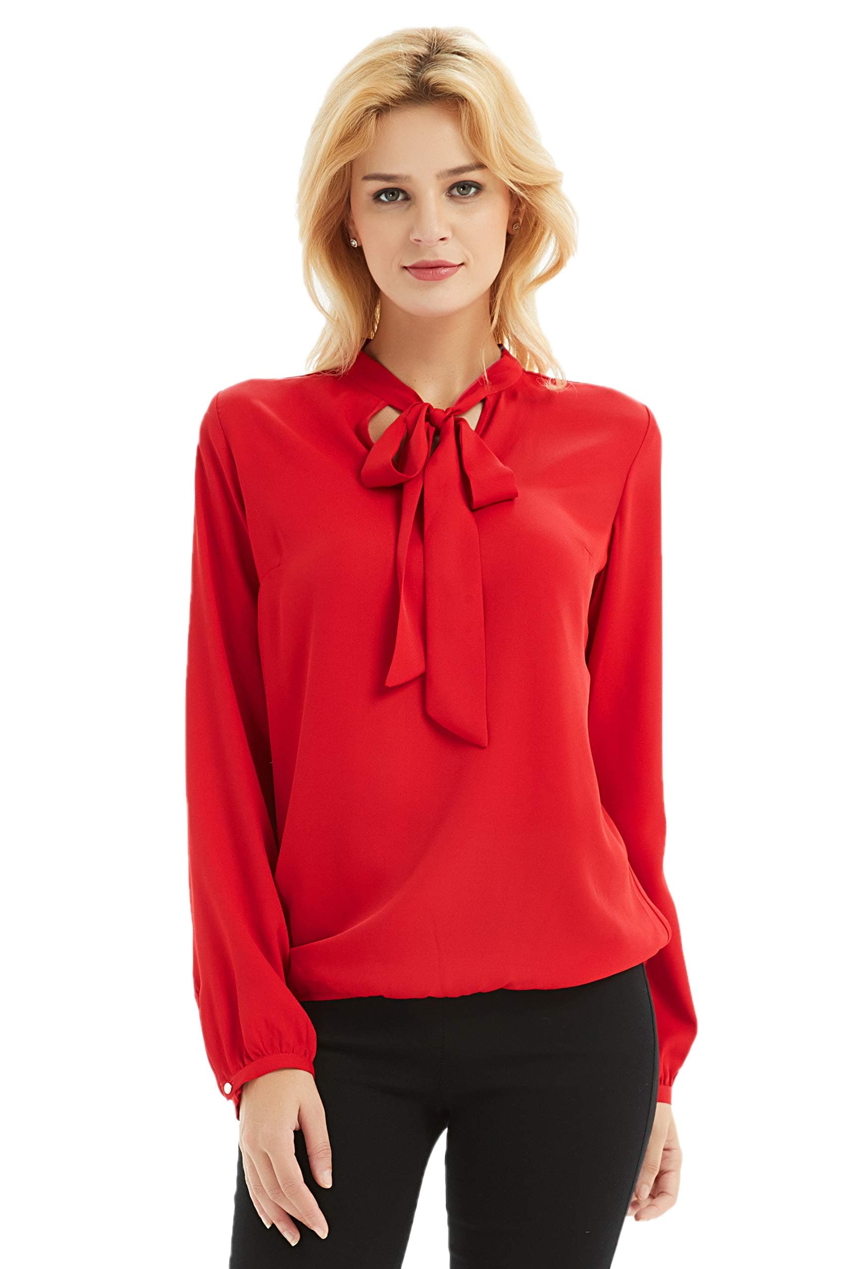 Basic Model Tie Neck Blouses for Women Long Sleeve V Neck Chiffon Tops Solid Work Shirts with Elastic Hem