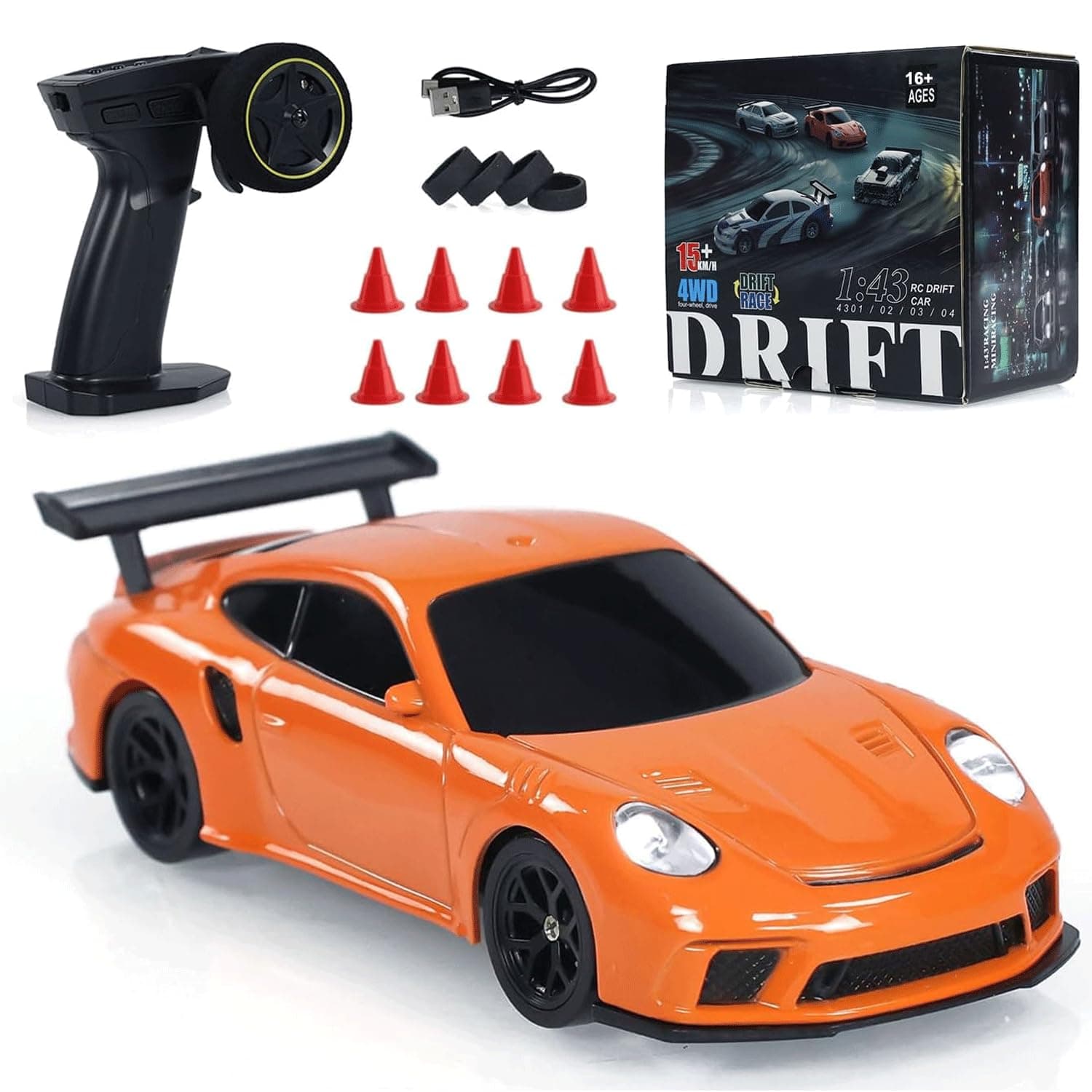 1/43 Scale Mini Racing Drift RC Car with Lights, 2.4G Electric 4WD High-Speed Remote Control Sports Car, Full Proportional Vehicle for Boys Adults Teen - RTR Version/Orange