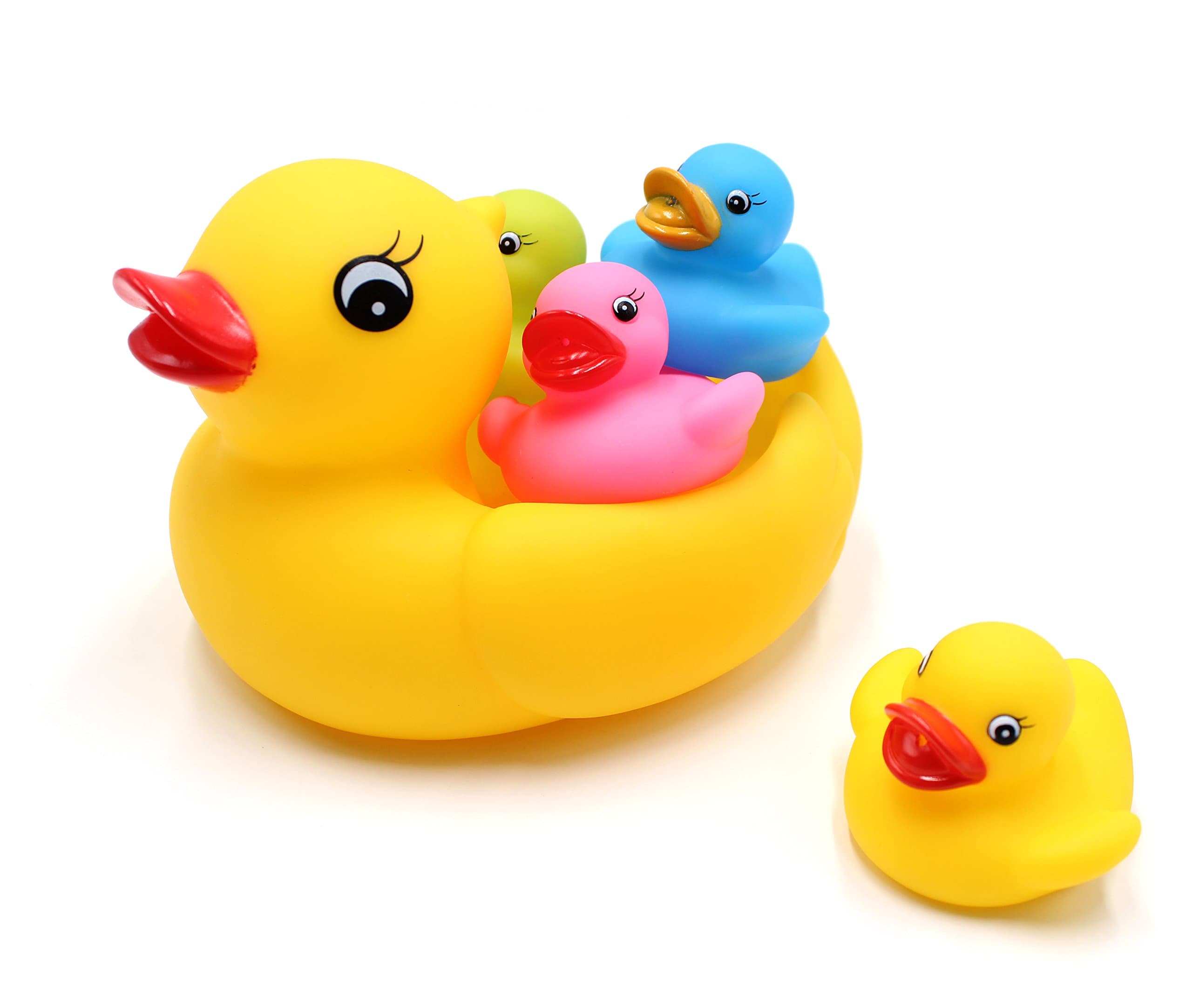 Floating Rubber Duckies Bath Play 5 Pieces Set - Includes 1 Jumbo Mama Ducky and 4 Baby Ducks - Fun Water Tub Playing Kits(4 Colors)