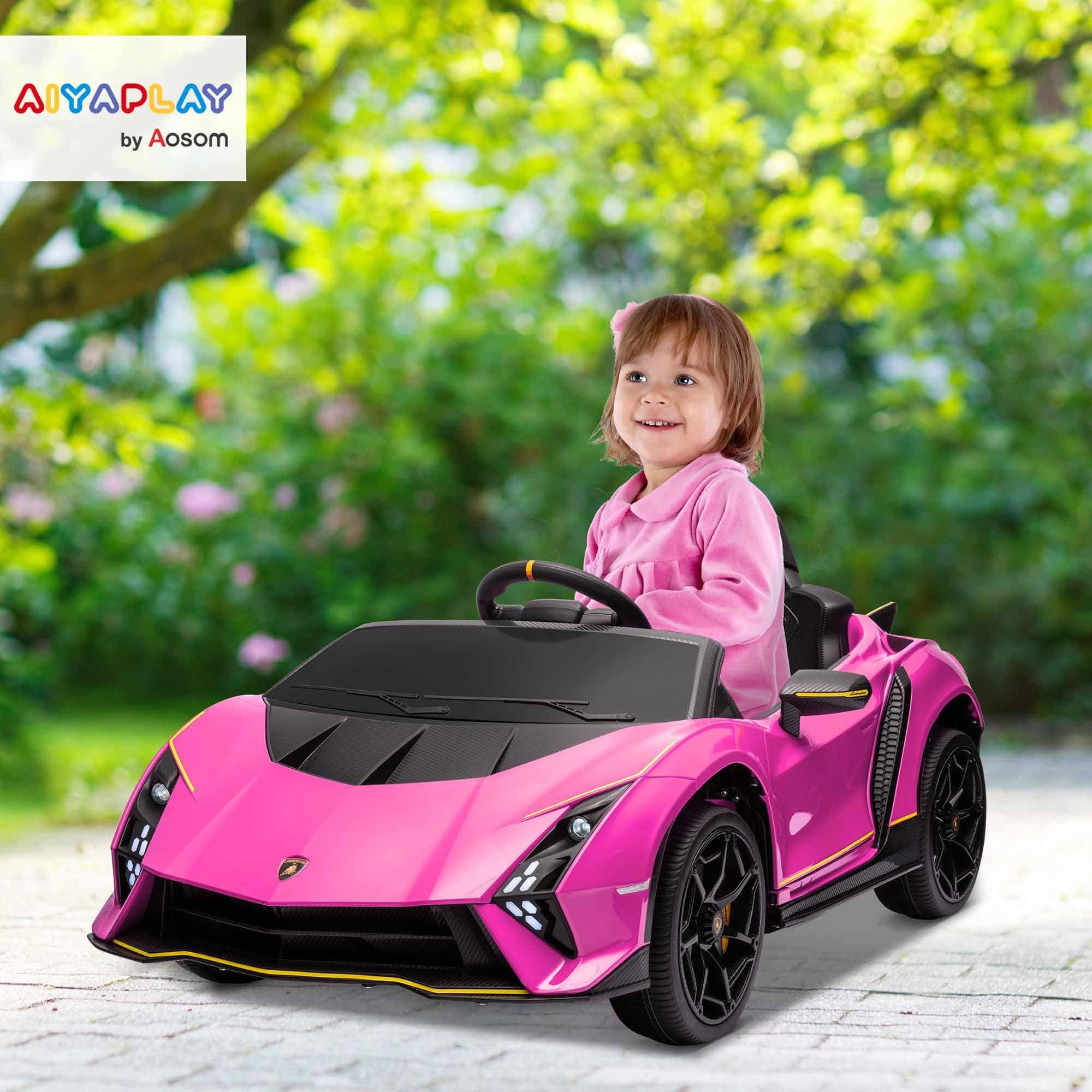 AIYAPLAY 12V Lamborghini Autentica Licensed Kids Electric Car with Butterfly Doors, Ride on Car with Remote Control, 4 Suspension Wheels, Soft Start, LED Lights, Music, Horn, Pink