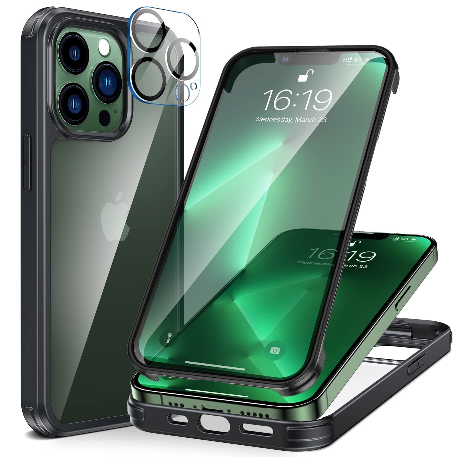 KKM for iPhone 13 Pro Max Case 6.7-inch, Military Grade Bumper Case with Built-in 9H Tempered Glass Screen Protector + Camera Lens Protector, Full Coverage Glass Case for iPhone 13 Pro Max, Black