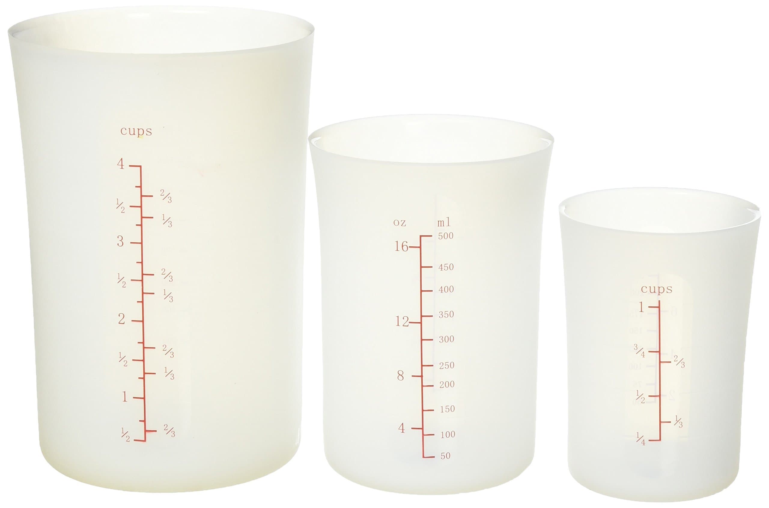 Silcone Measuring Cups Set - 3 Pieces + Lids | Flexi-Pour System ~~ Measures Dry & Wet in Cups/Oz/ML