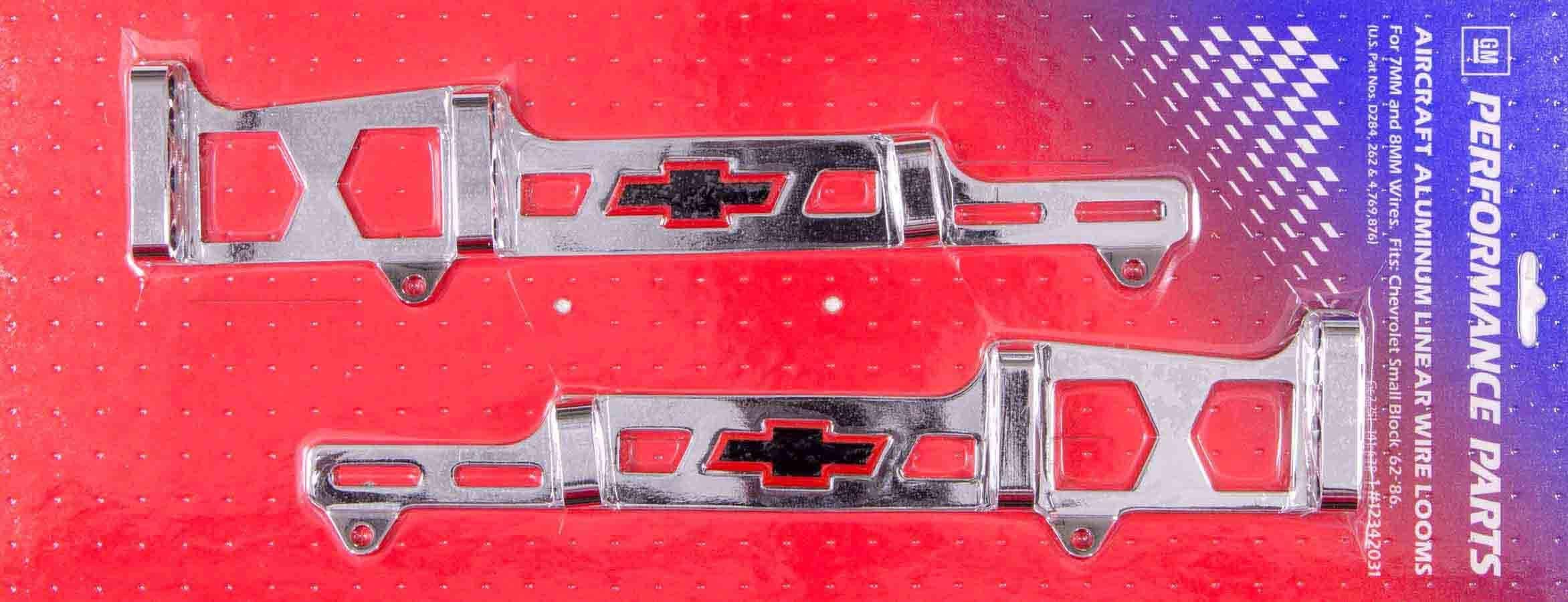 Proform Spark Plug Wire Loom, Valve Cover Mount, 7-8 mm, Chevy Bowtie Logo, Aluminum, Chrome, Small Block Chevy, Kit