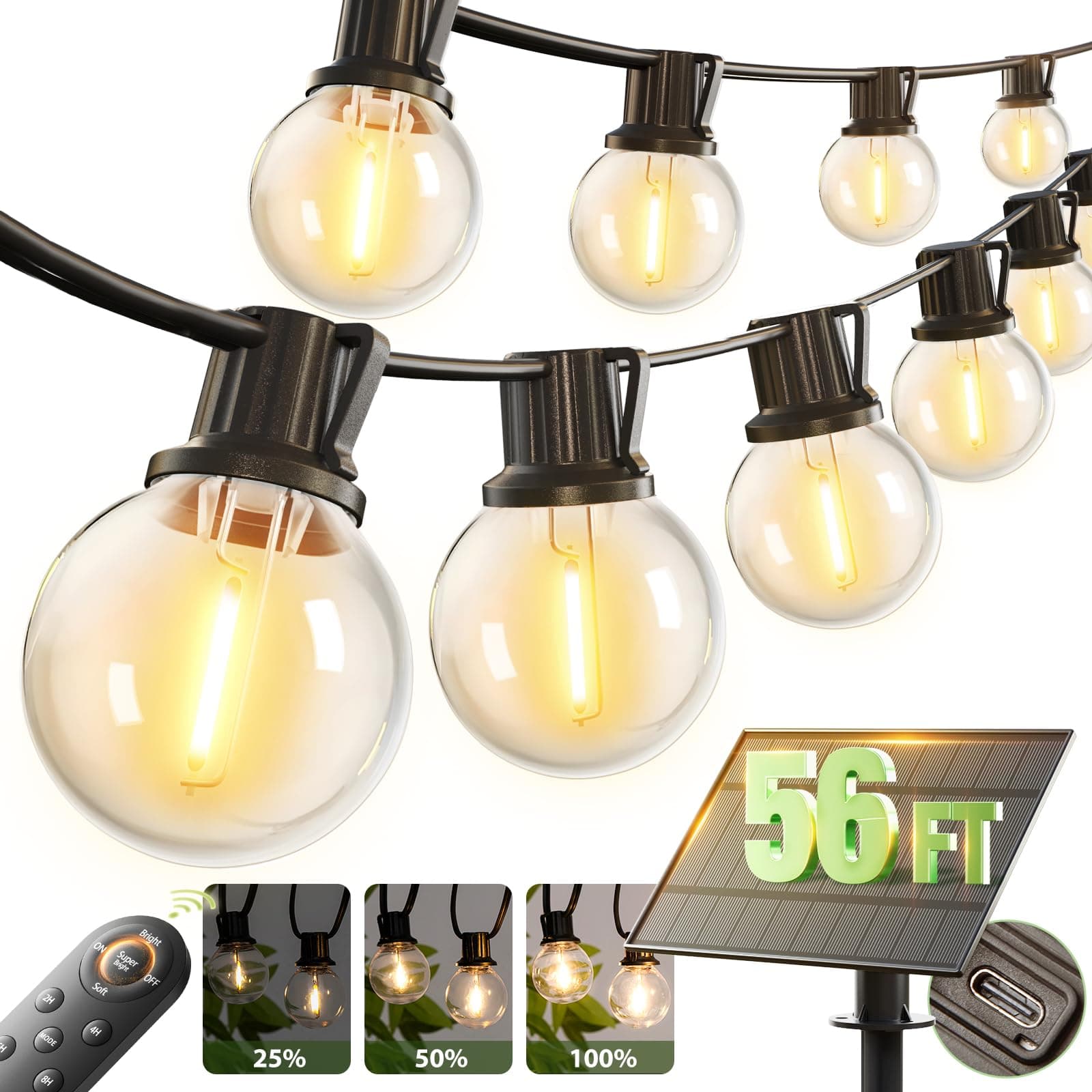 addlon 56FT(50+6) Solar String Lights Outdoor with Remote, 27 Shatterproof G40 Bulbs, Solar Powered & USB Charging Patio Lights, Dimmable Waterproof Solar String Lights for Outside, Camping, Backyard