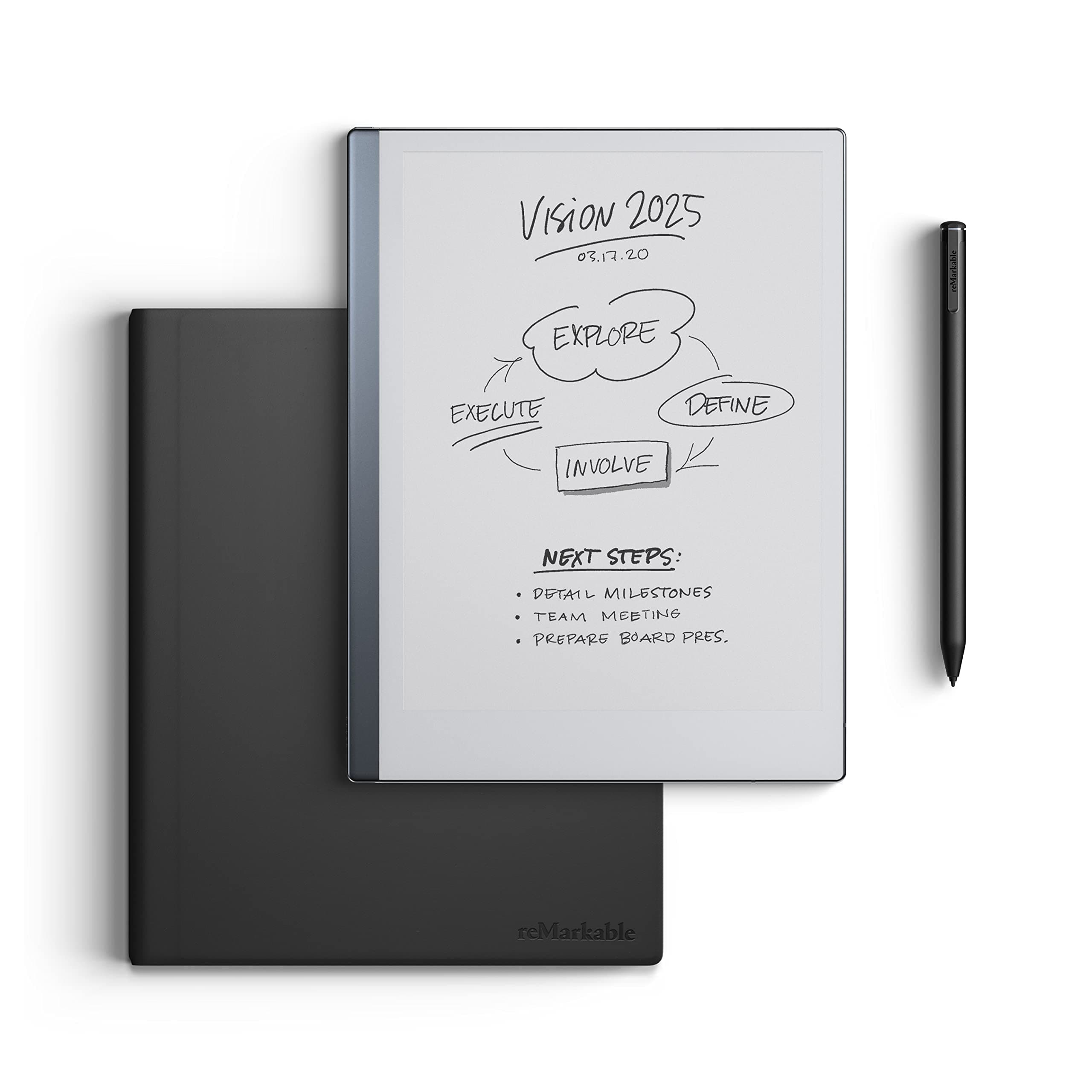 2 Bundle - Leather Folio | 10.3'' reMarkable 2 Paper Tablet, Marker Plus Pen With Built-in Eraser and Book Folio Case in Black Premium Leather