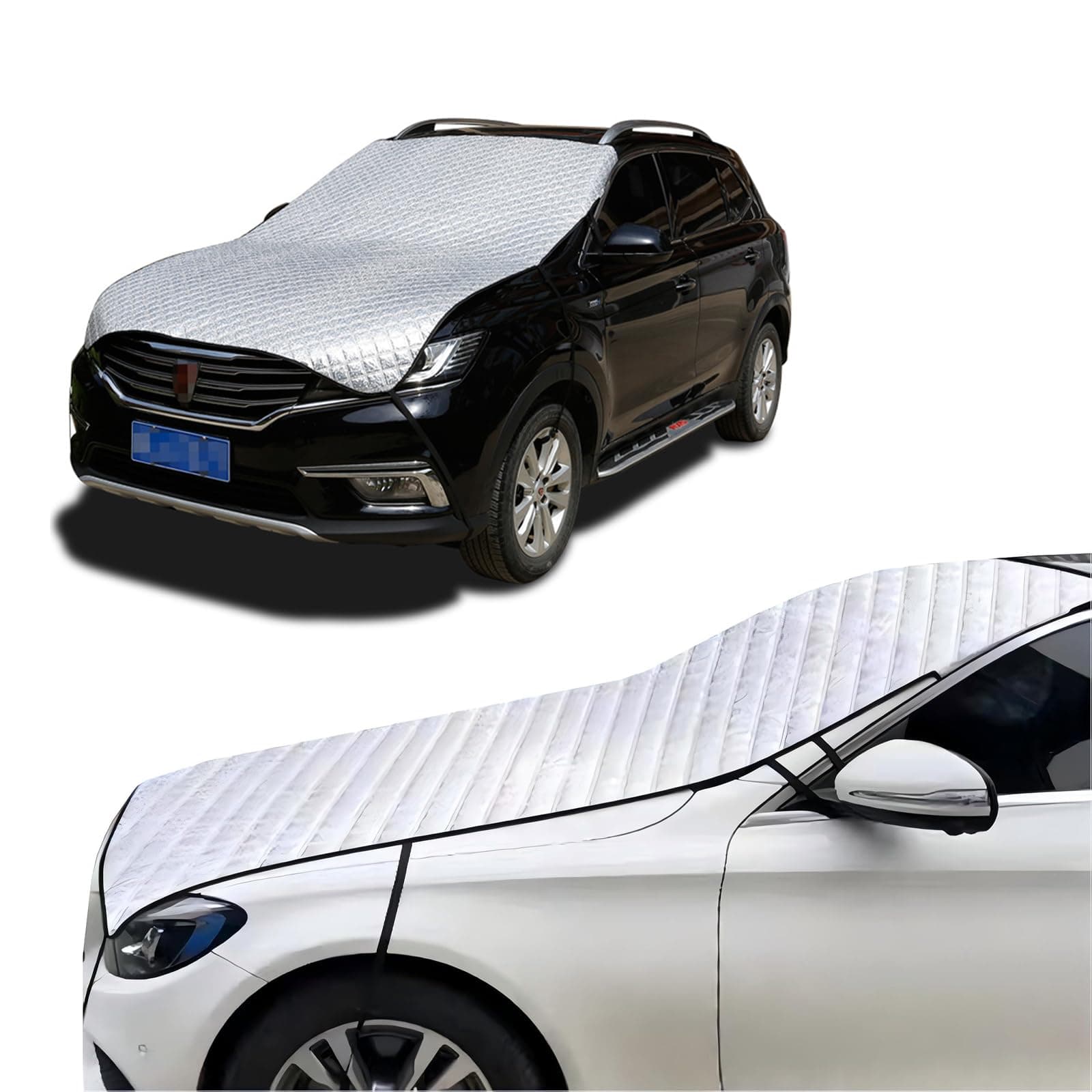 1 PC Car Half Cover, Thickened Cotton Front Windshield Car Cover, Super Breathable and Snow and Frost Protection Car Exterior Accessories, Universal for Most Cars (Silver)