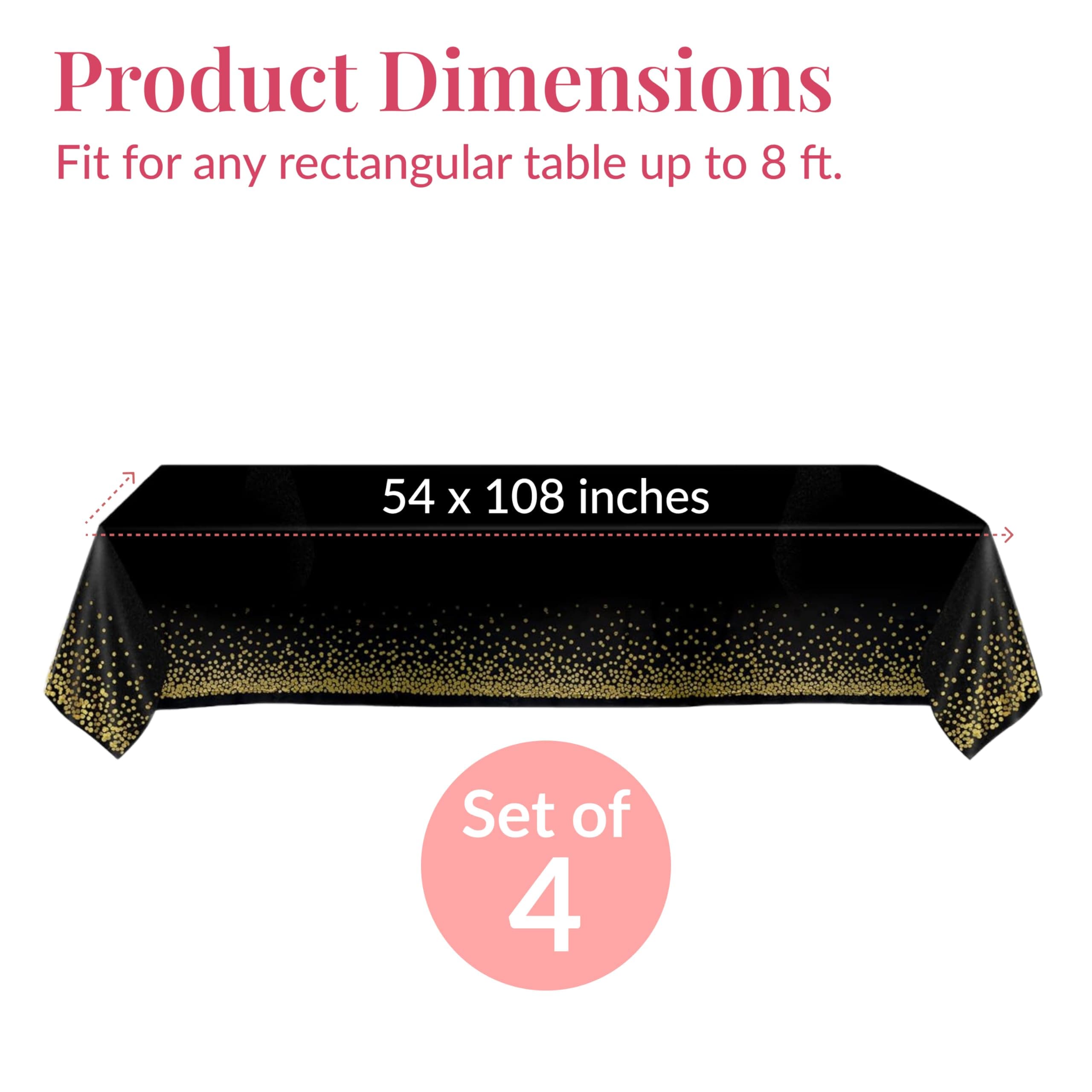 Black Plastic Tablecloth - 4 Pack - 54 X 108 | Gold Dot Disposable Tablecloths | Plastic Tablecloth | Black Tablecloths | Black and Gold Tablecloth | Gold Tablecloths Black and Gold Party Decorations
