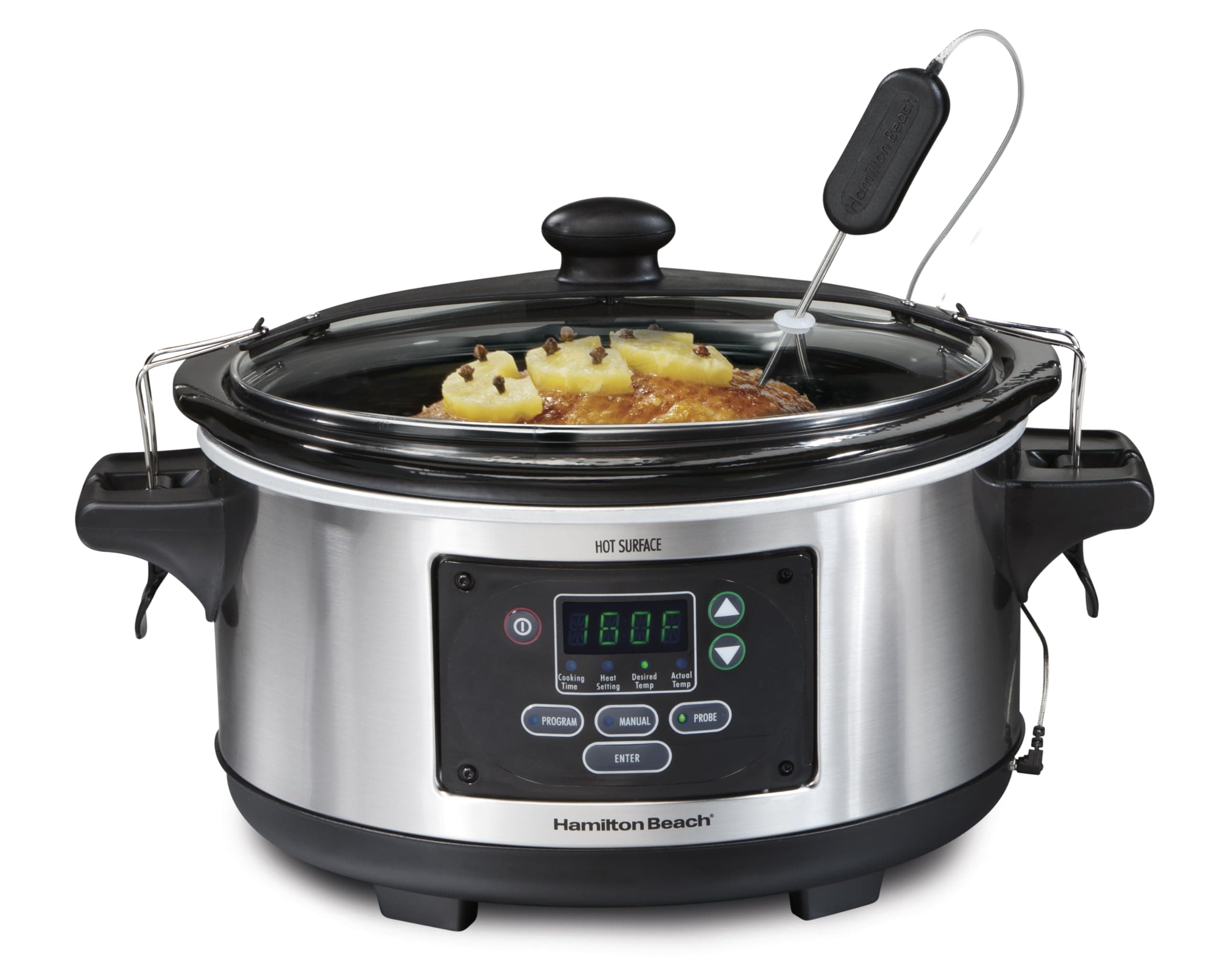Hamilton Beach Portable 6 Quart Set & Forget Digital Programmable Slow Cooker with Lid Lock, Temperature Probe, Dishwasher Safe Crock & Lid, Stainless Steel (33969A)