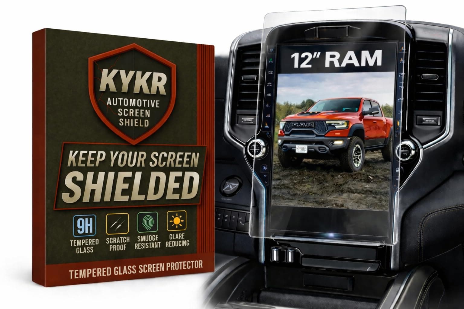 Ram Tempered Glass Screen Protector - Compatible with 2019-2024 Dodge Ram 1500 2500 3500 - TRX Rebel Laramie Limited Uconnect - 12 Inch (Matte)