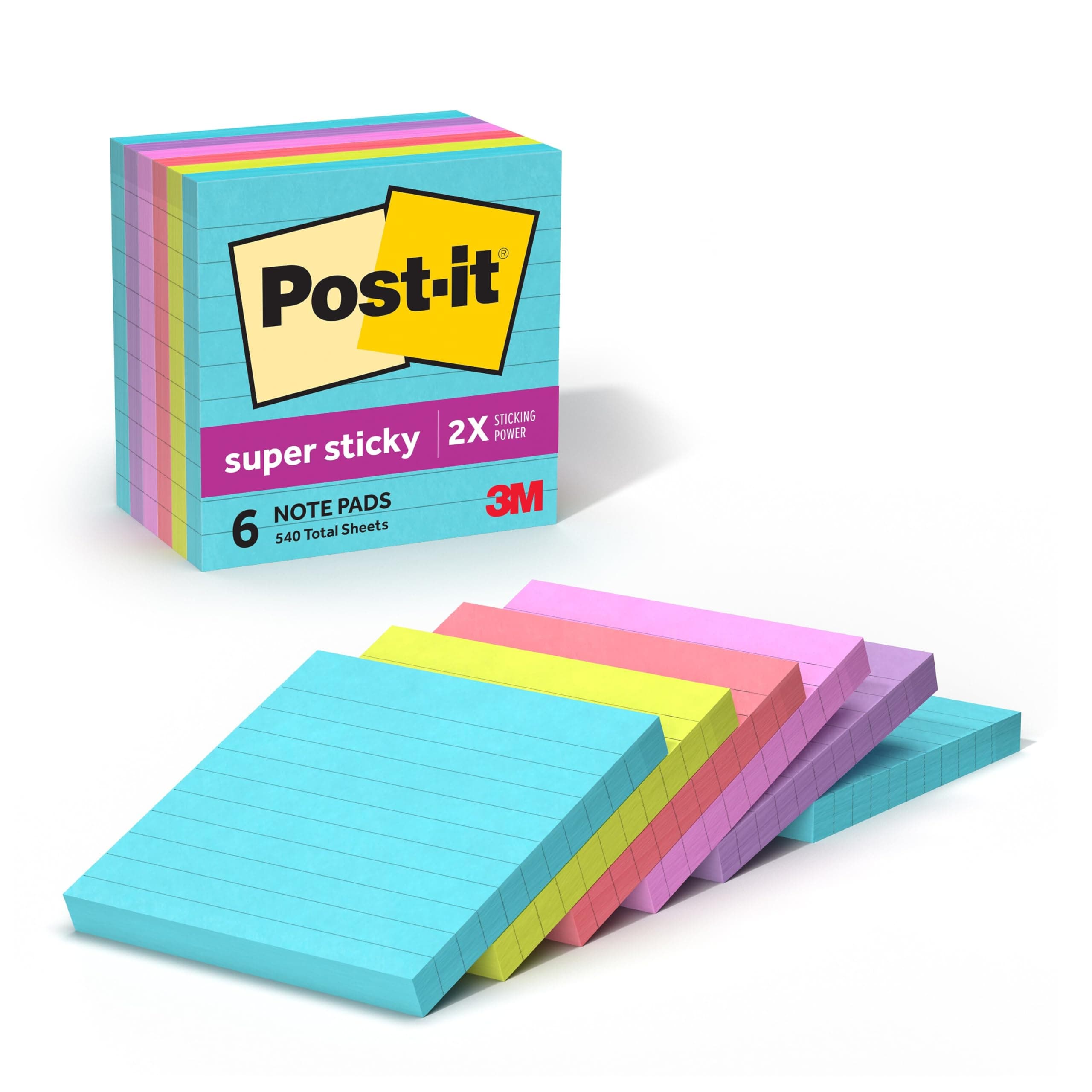 Post-it Super Sticky Notes, 4x4 in, 6 Pads, 2X The Sticking Power, Supernova Neons, Bright Colors, Recyclable (675-6SSMIA)