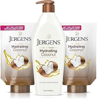 Jergens Coconut Oil-Infused Hand and Body Moisturizer, Soothing Full-Body Moisture, with Hydrating Coconut, Oil-Infused Lotion, 16.8 oz plus 2-8 oz Refills
