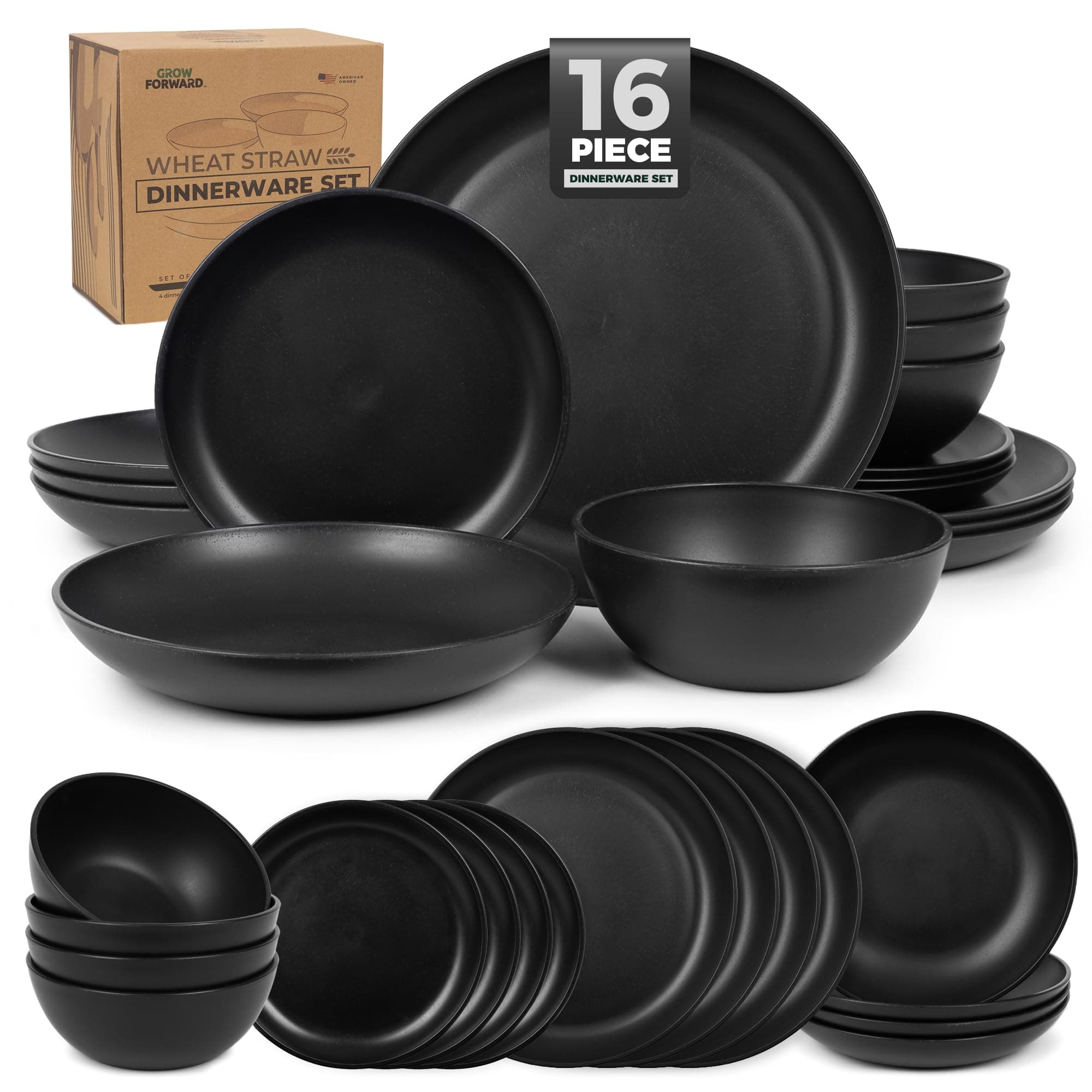 Grow Forward 16-piece Premium Wheat Straw Dinnerware Sets for 4 - Unbreakable Dishwasher & Microwave Safe Plastic Plates and Bowls Sets - Patio, Outdoors, RV, Camping Dishes - Midnight