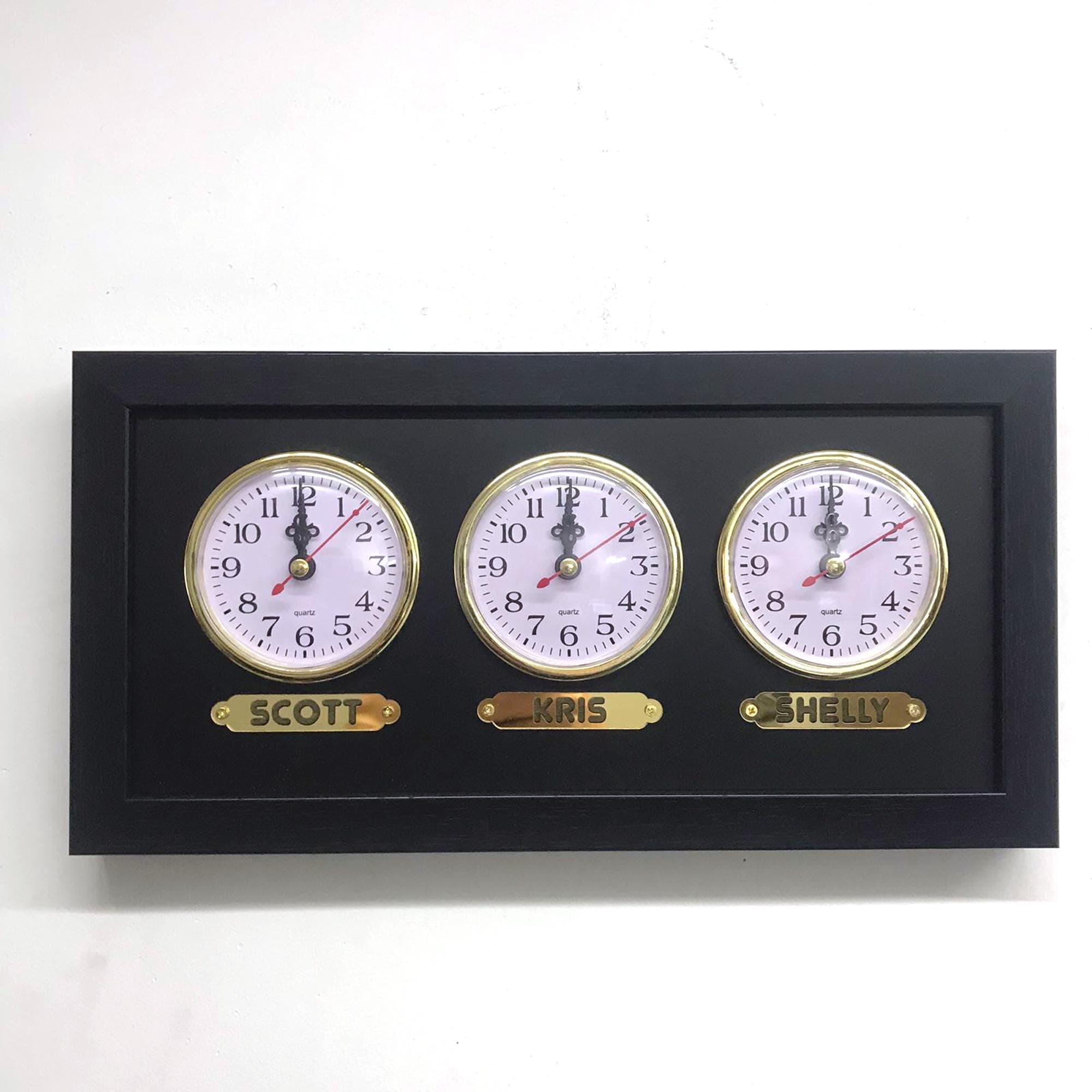 Multi Zone Clock - Customize Time Zones for 3 Cities or Regions. Wall Mountable. Gold