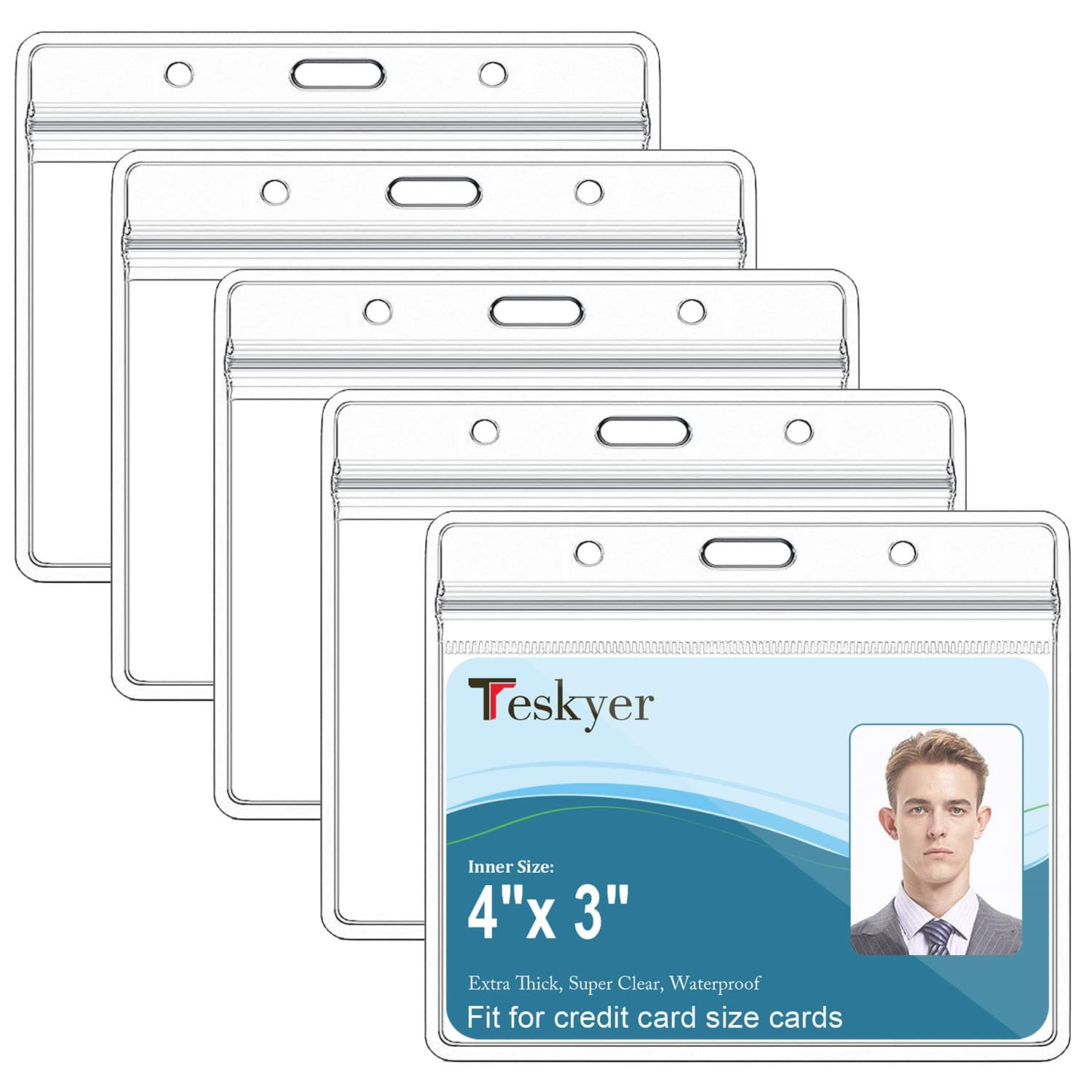 Teskyer 5 Pack Plastic ID Badge Holders, Horizontal Extra Thick Clear Card Holder with Waterproof Resealable Zip, Name Tag Badge Holder for Cruise Ship Cards, Nurses, Office and School