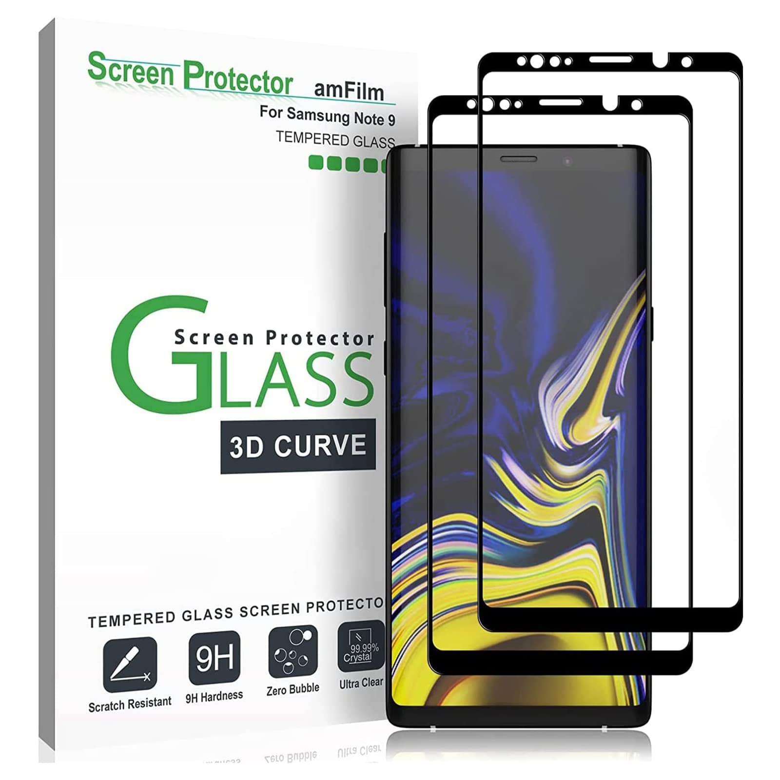 amFilm (2 Pack) Glass Screen Protector for Samsung Galaxy Note 9, Full Screen Coverage Screen Protector, 3D Curved Tempered Glass, Dot Matrix with Easy Installation Tray (Black)