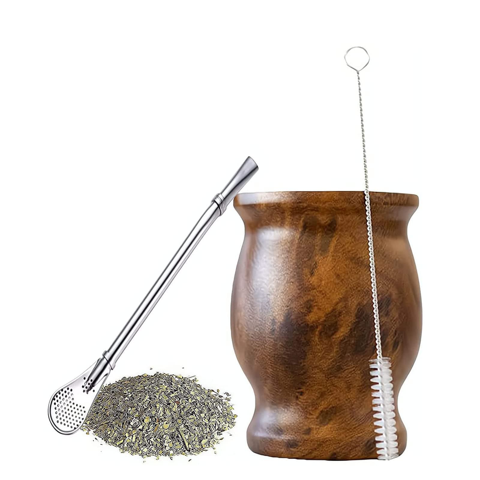 Joyzzz Yerba Mate Tea Cup, Set Includes Yerba Mate Cup, Bombilla Straw and Brush, 230 Ml Stainless Steel Double Walled Easy Wash Household Insulation Cup for Yerba Mate Loose Leaf Drinking (Wood)