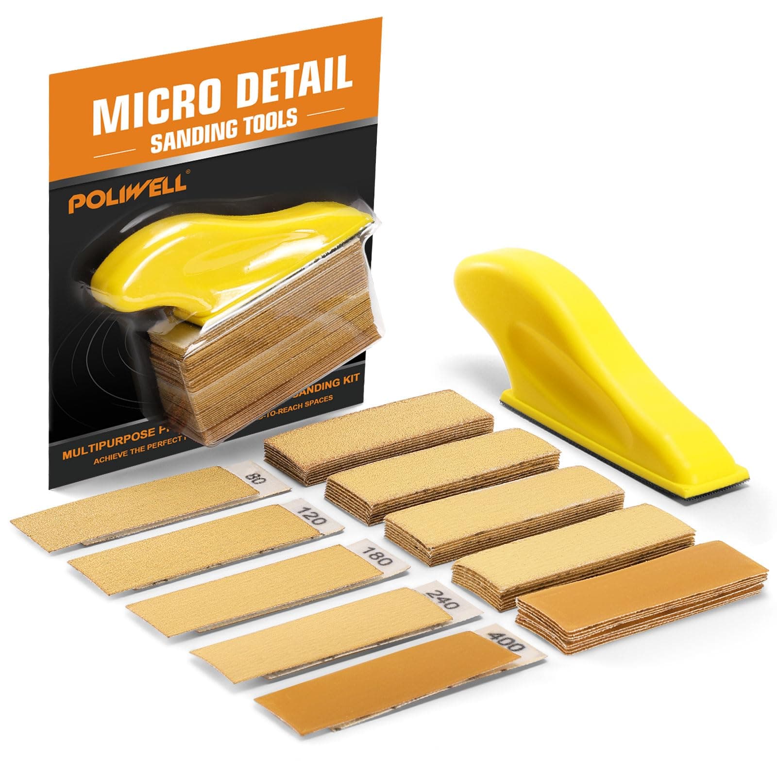POLIWELL Micro Sander Kit 3.5” x 1” Mini Sander for Small Projects, Detail Handle Sanding Tools + Sandpaper 80 120 180 240 400 Grit for DIY Crafts Wood Finishing Tight Narrow Spaces Polishing, 50 PCS