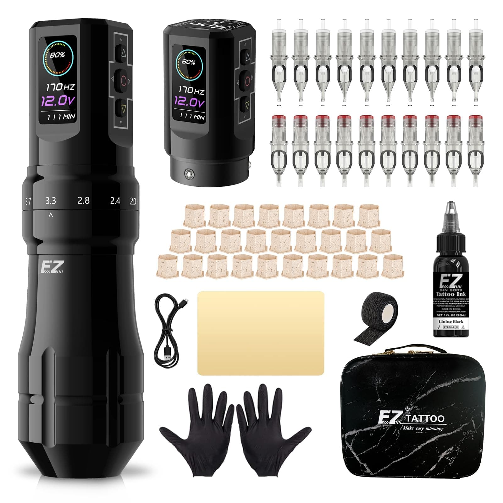 Kit - Tattoo Machine Kit Complete with 6 Strokes 2mm-4.2mm Wireless Tattoo Machine Pen with 1600mAh Battery Power Supply for Tattoo Beginners and Tattoo Artists (P3 Pro Gloss Black)
