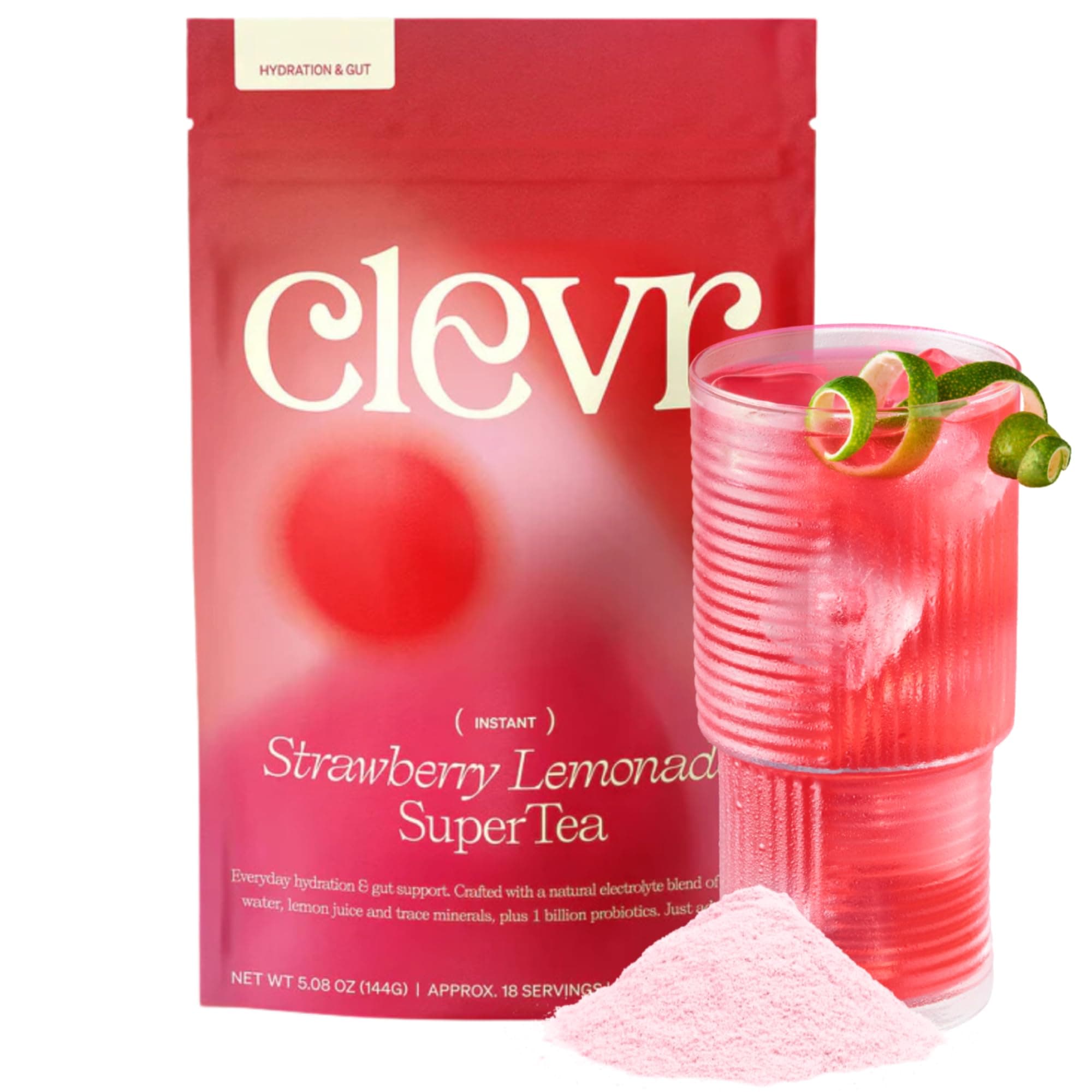 Clevr Strawberry Lemonade SuperTea, 18 Servings, Hydration Tea Blend with Coconut Water, Lemon Juice, 1B Probiotics for Gut Health, Sea Salt, Trace Minerals, Electrolyte Caffeine Free Tea, 5.08 oz