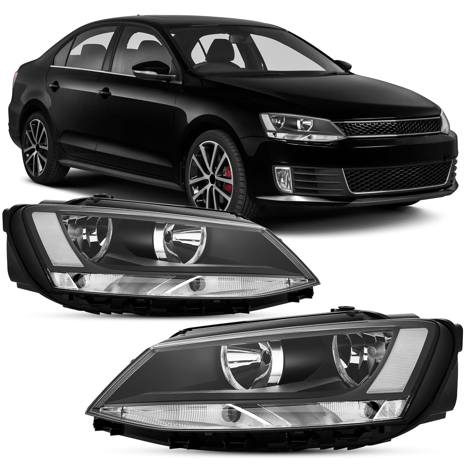 Headlights Assembly Compatible With 2011-2018 VW Jetta MK6 Clear Lens Black Housing Clear Reflector Halogen Headlamp Assembly,1x Pair