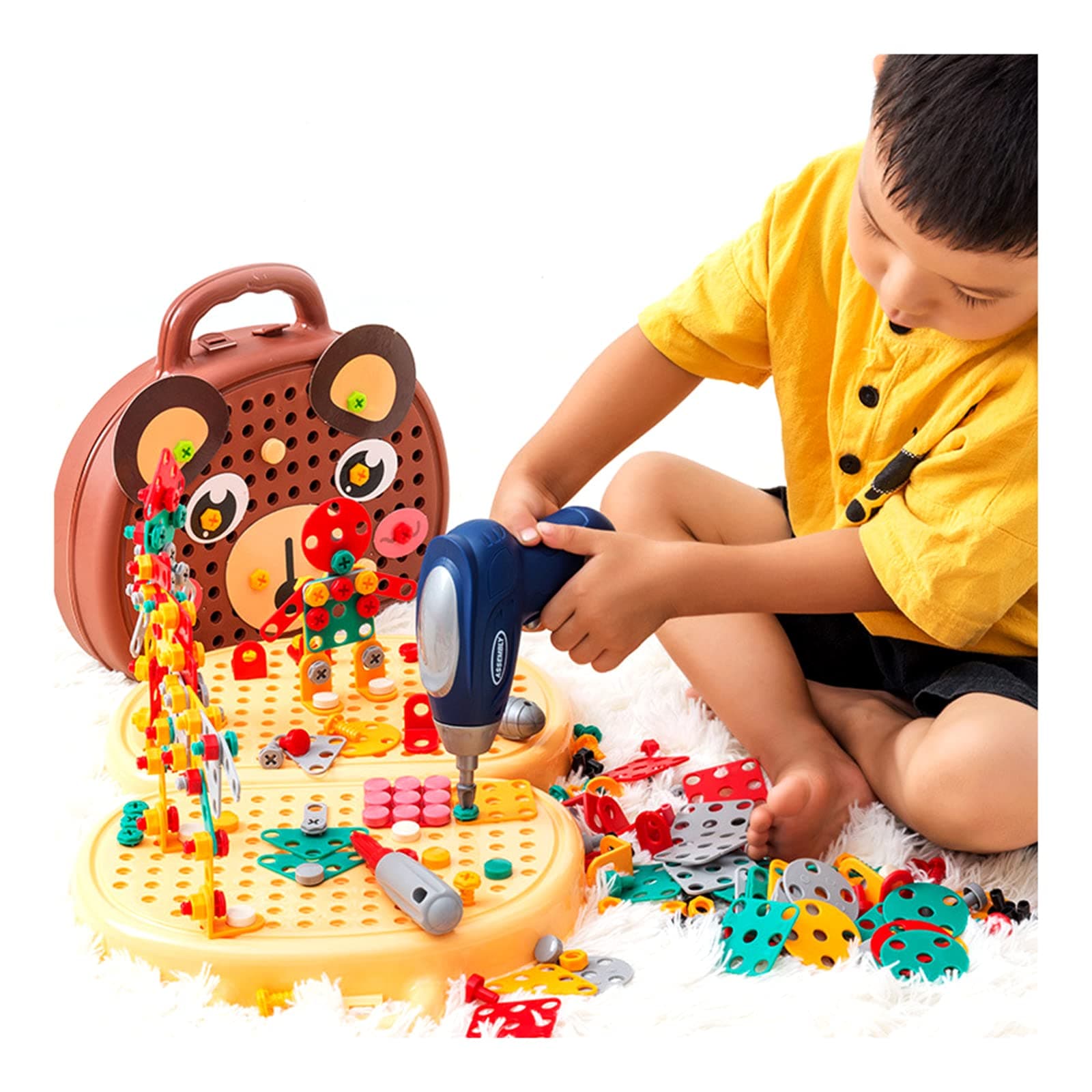 BINGONE Creativity Tool Box, Creative Mosaic Drill Set for Kids, Learning Toys, 3D Construction Engineering Building Blocks for Boys and Girls Ages 3 4 5 6 7 8 9 10 Year Old (Brown)