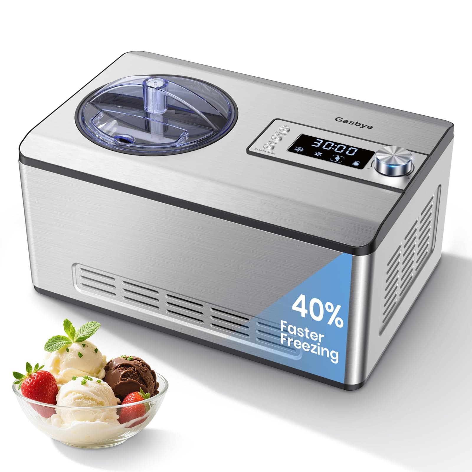 Ice Cream Maker Machine 2.1 Qt. with Built-In Compressor, Stainless Steel