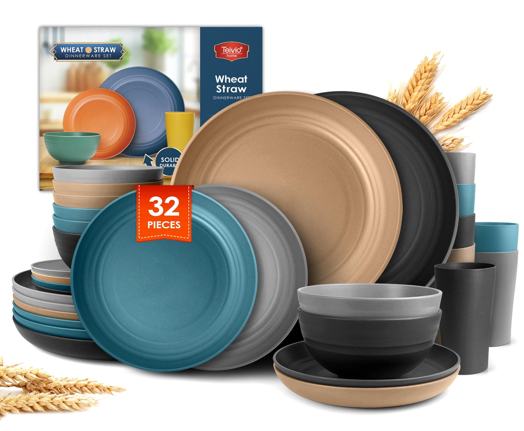 Teivio 32-Piece Kitchen Plastic Wheat Straw Dinnerware Set, Service for 8, Dinner Plates, Dessert Plate, Cereal Bowls, Cups, Unbreakable Colorful Plastic Outdoor Camping Dishes, Cerulean Hues