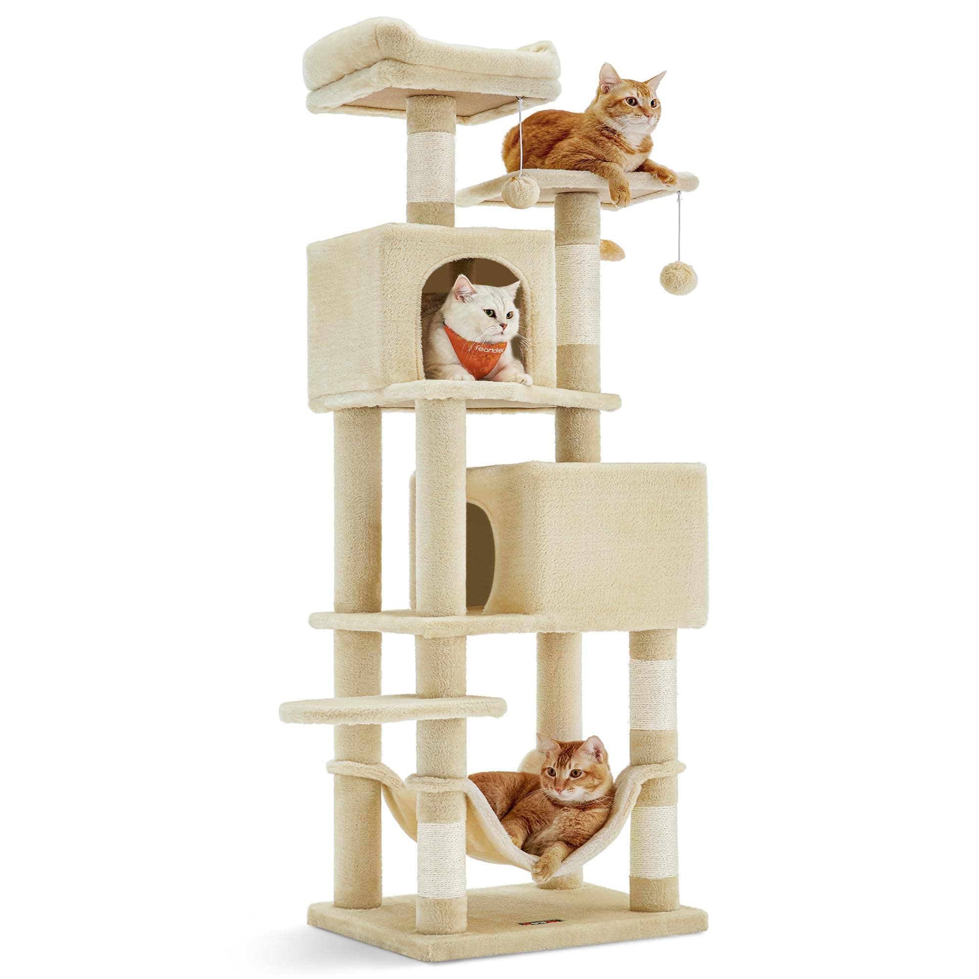 Feandrea Cat Tree, 59.5-Inch Tall Cat Tower, Plush Multi-Level Condo with 5 Scratching Posts, 2 Perches, 2 Caves, Hammock, 2 Pompoms, Beige UPCT192M01