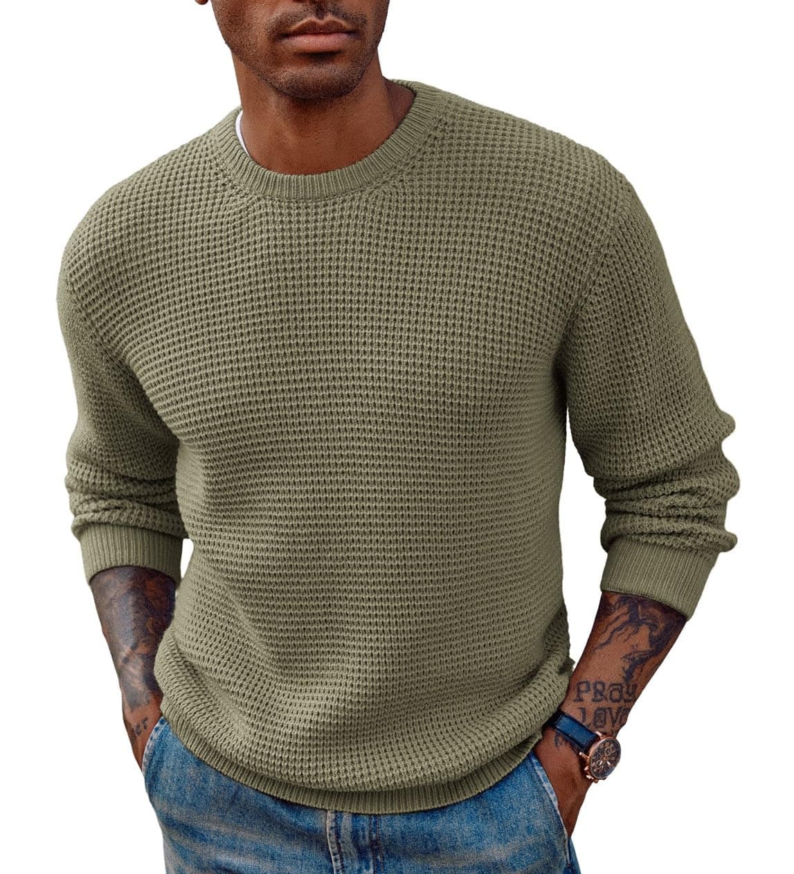 Mens Pullover Sweater Waffle Textured Long Sleeve Knitted Sweaters